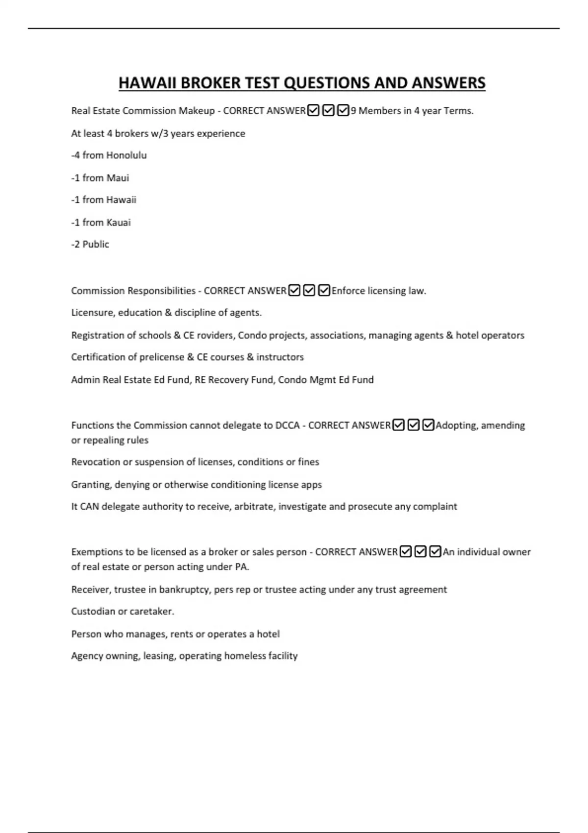 HAWAII BROKER TEST QUESTIONS AND ANSWERS - HAWAII BROKER - Stuvia US