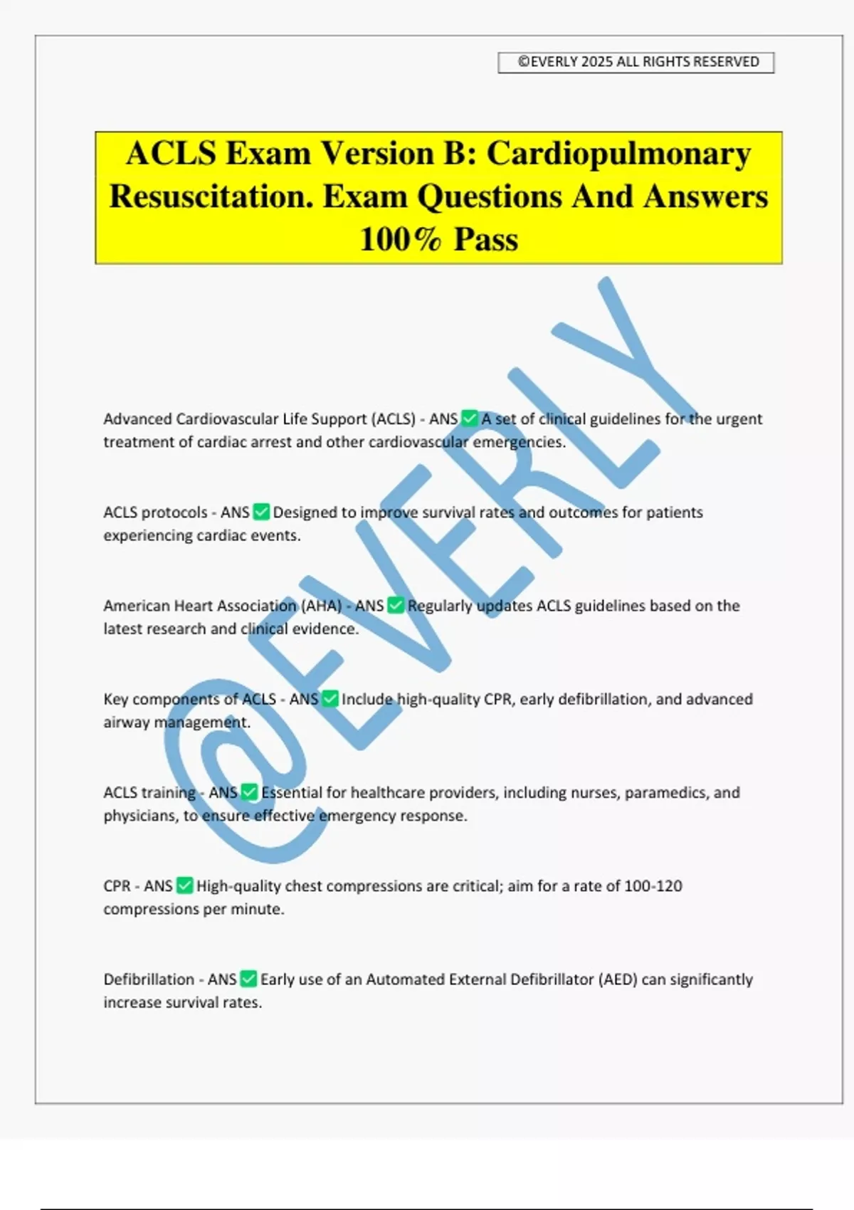 ACLS Exam Version B: Cardiopulmonary Resuscitation. Exam Questions And ...