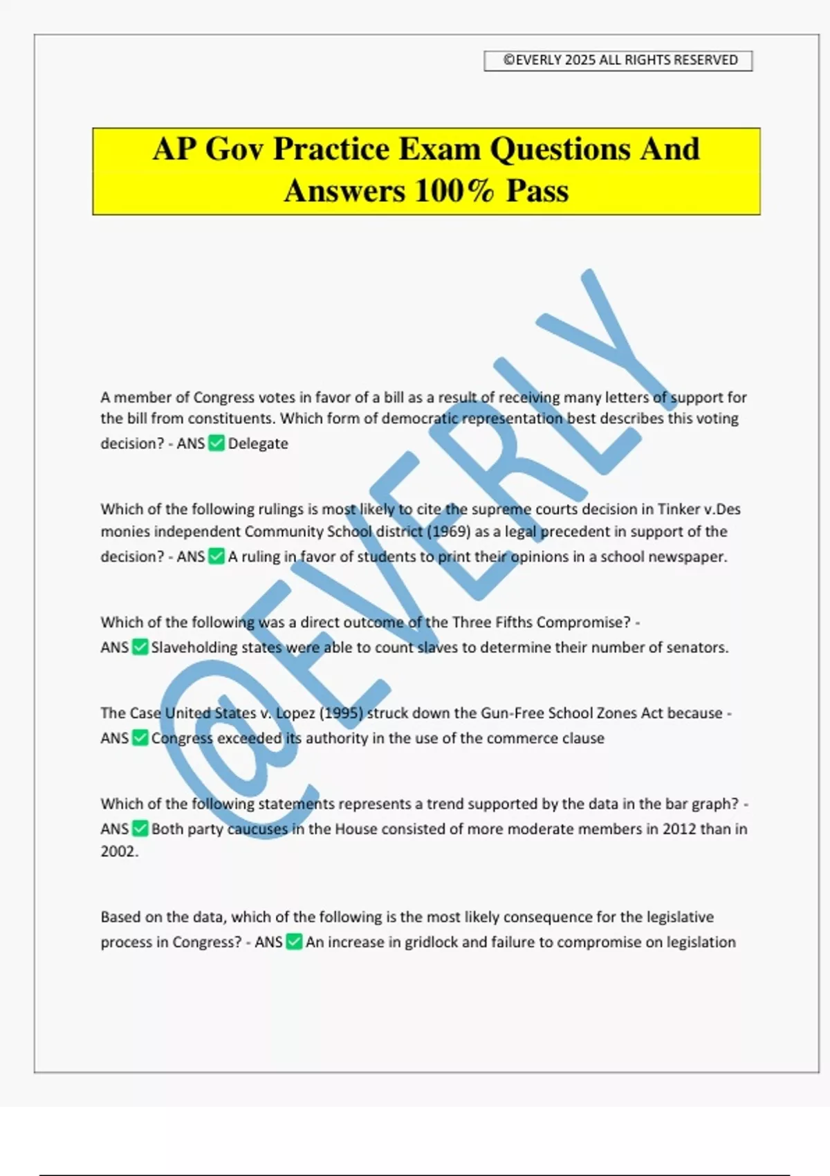 AP Gov Practice Exam Questions And Answers 100% Pass - American ...