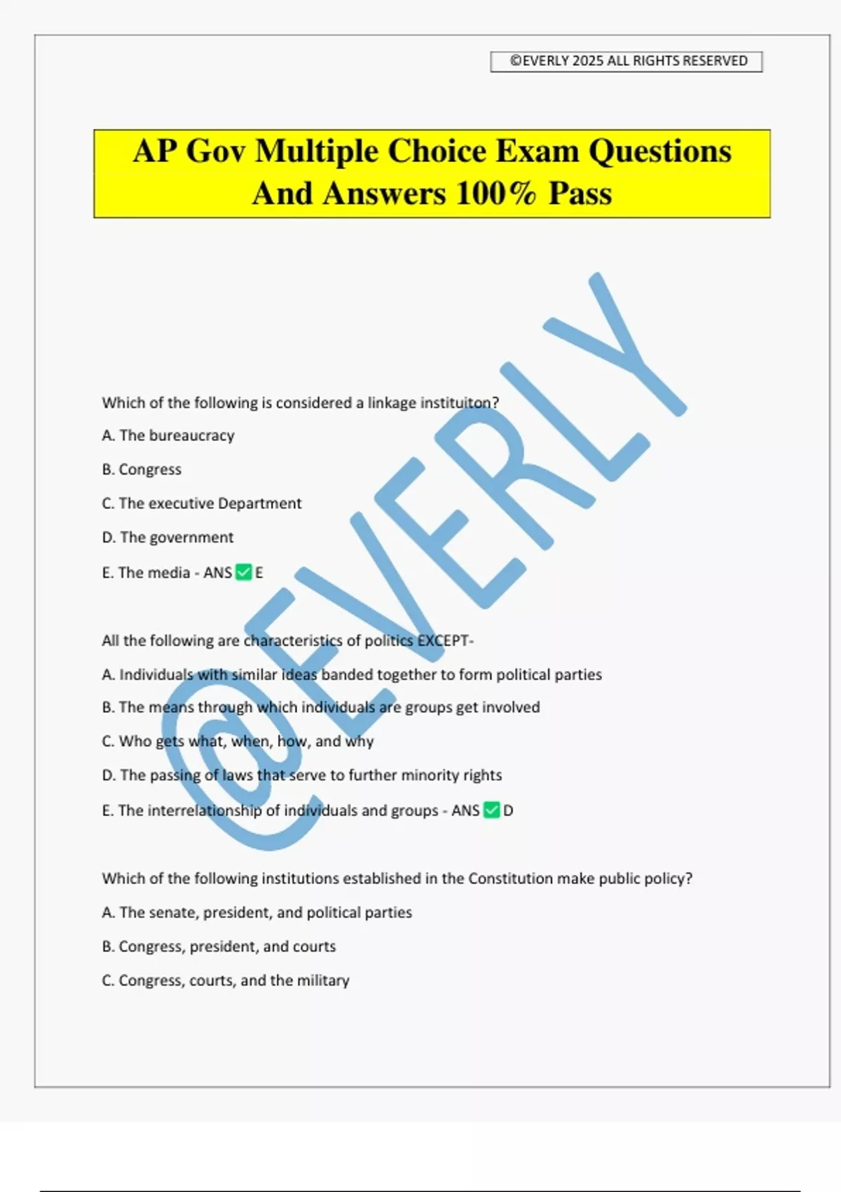 AP Gov Multiple Choice Exam Questions And Answers 100% Pass - American ...