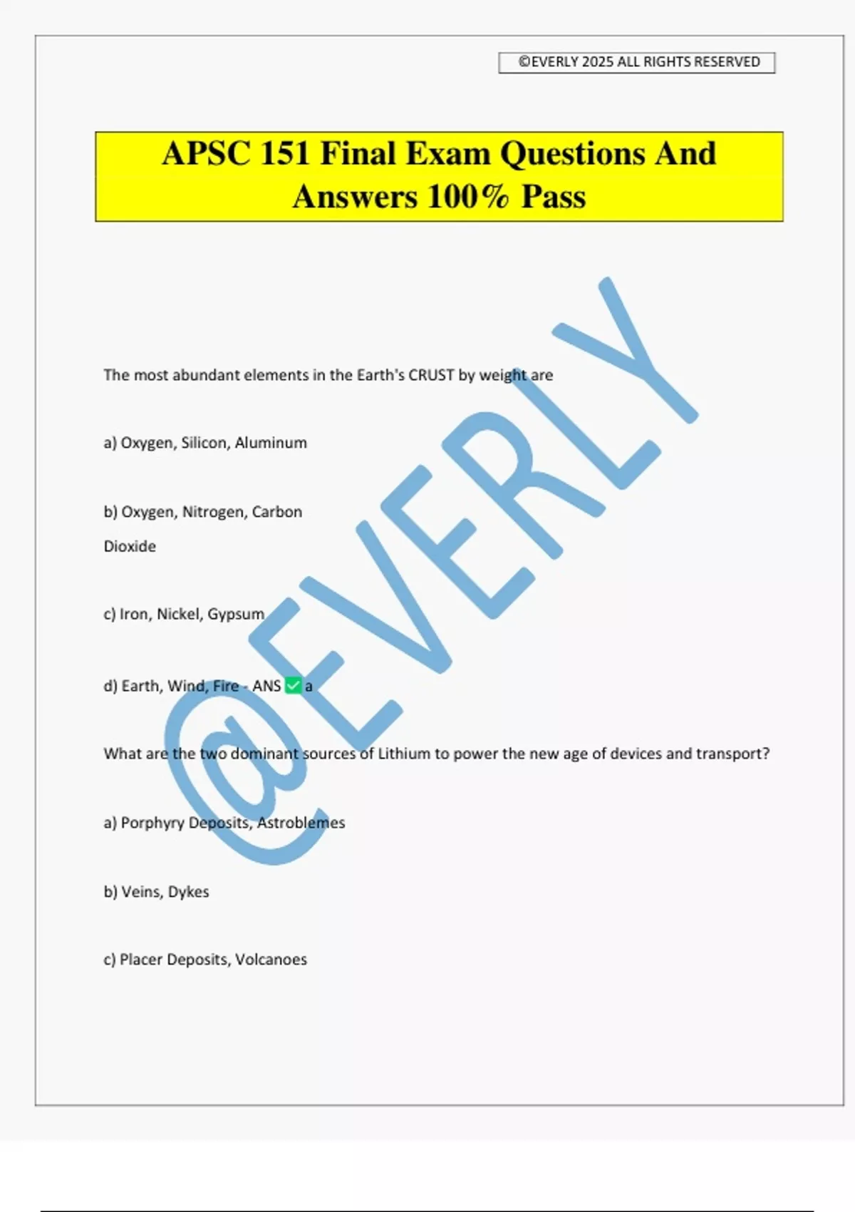 APSC 151 Final Exam Questions And Answers 100% Pass - APSC 151 - Stuvia US