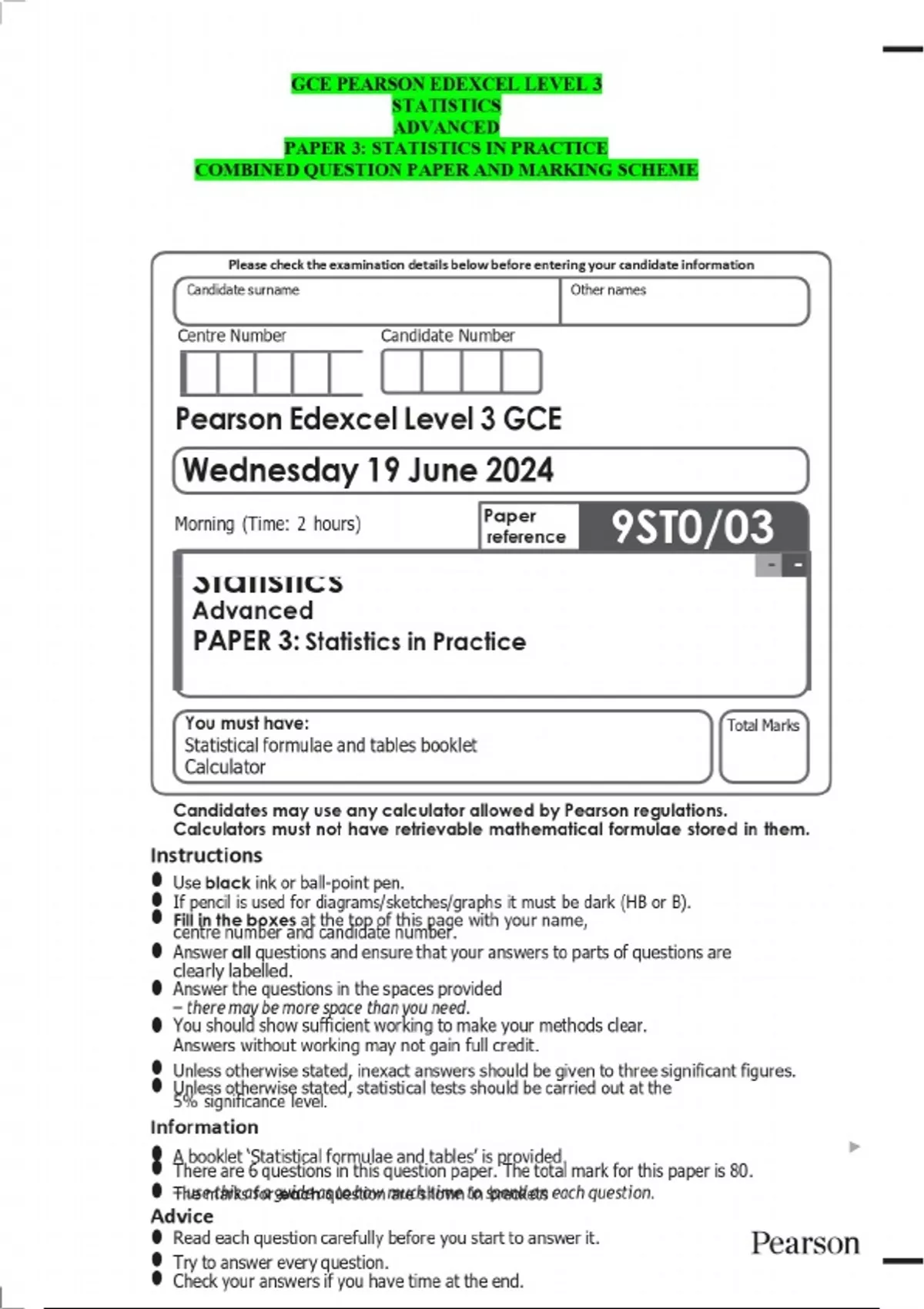 GCE PEARSON EDEXCEL LEVEL 3 STATISTICS ADVANCED PAPER 3: STATISTICS IN ...