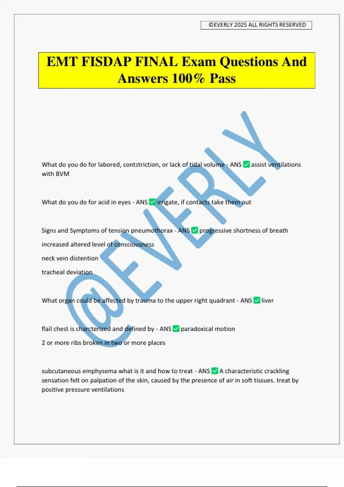 EMT FISDAP FINAL Exam Questions And Answers 100% Pass - EMT FISDAP ...