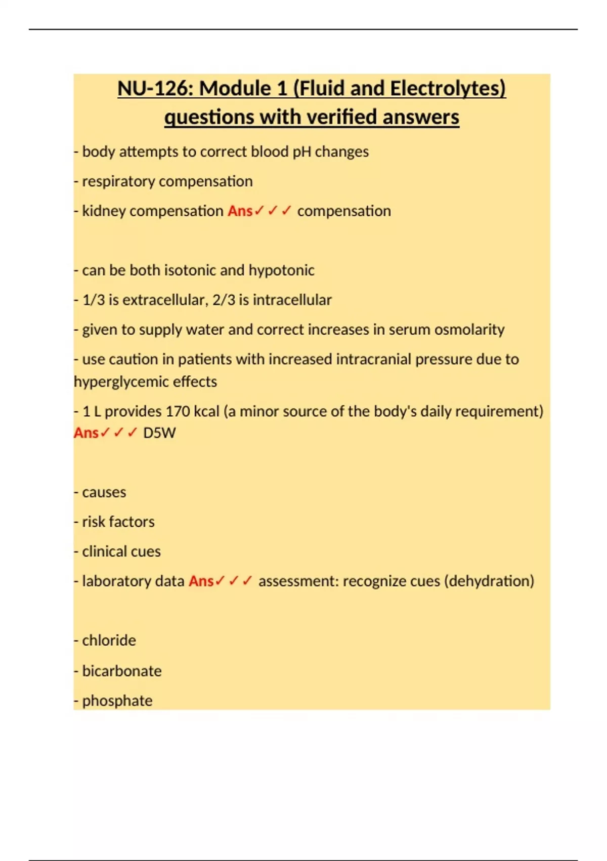 NU 126 – Module 1 Fluid & Electrolytes – Verified Q&A Review Guide ...