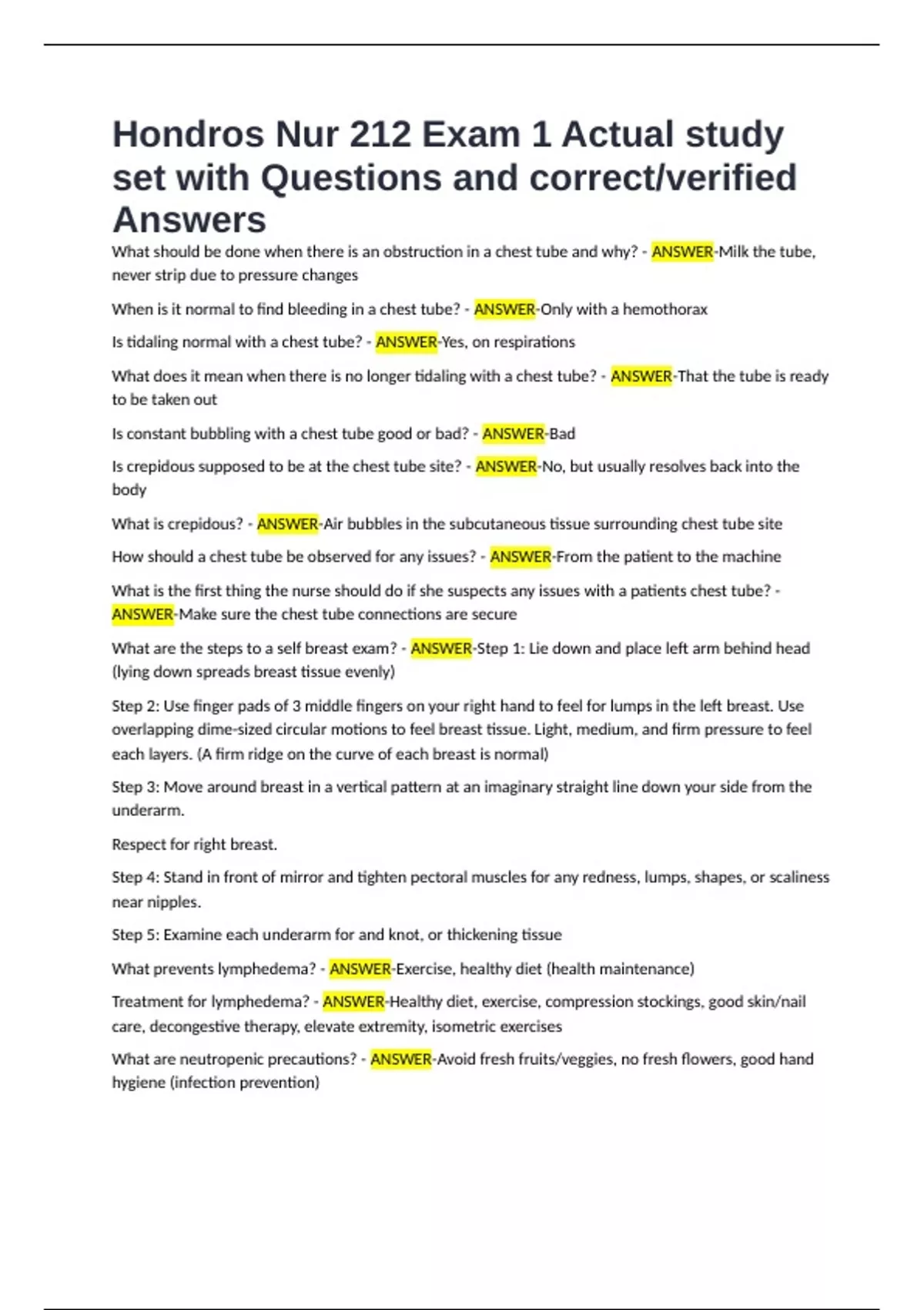 Hondros Nur 212 Exam 1 Actual study set with Questions and correct ...