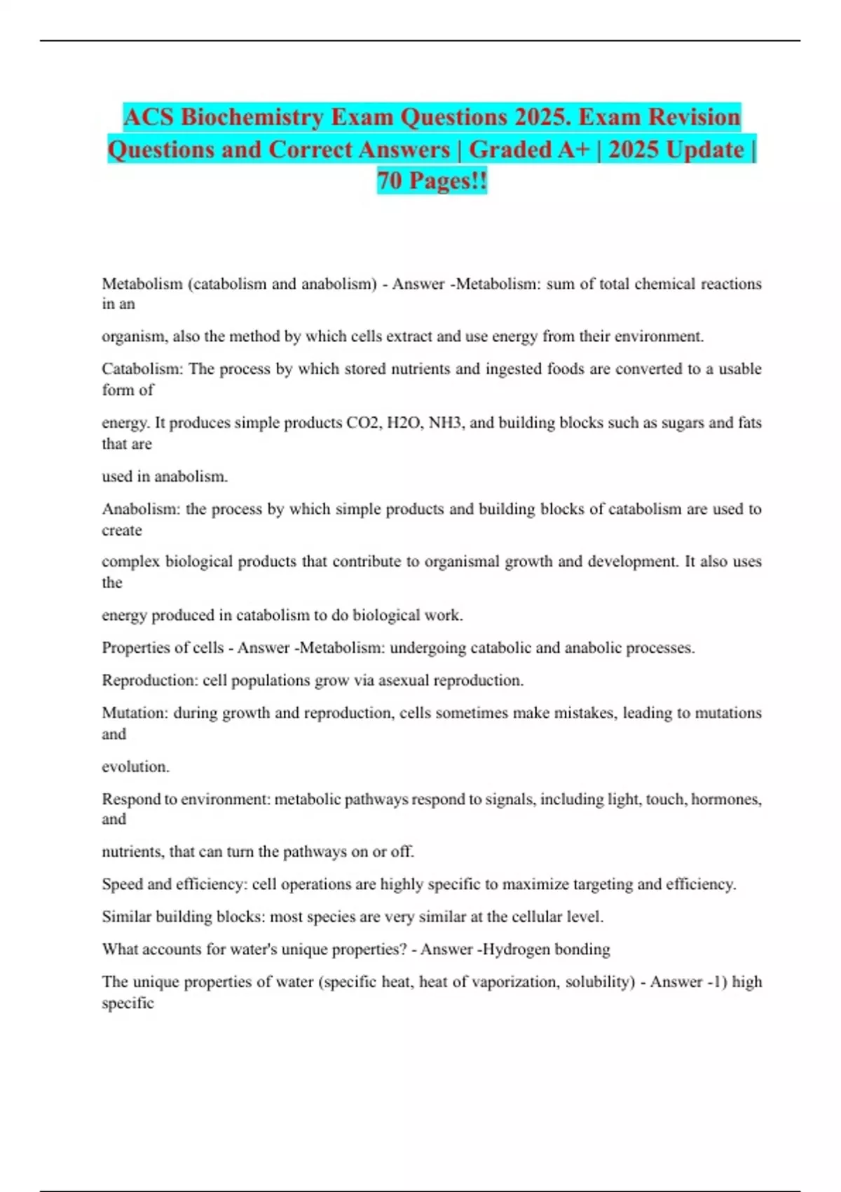 ACS Biochemistry Exam Questions 2025. Exam Revision Questions and ...