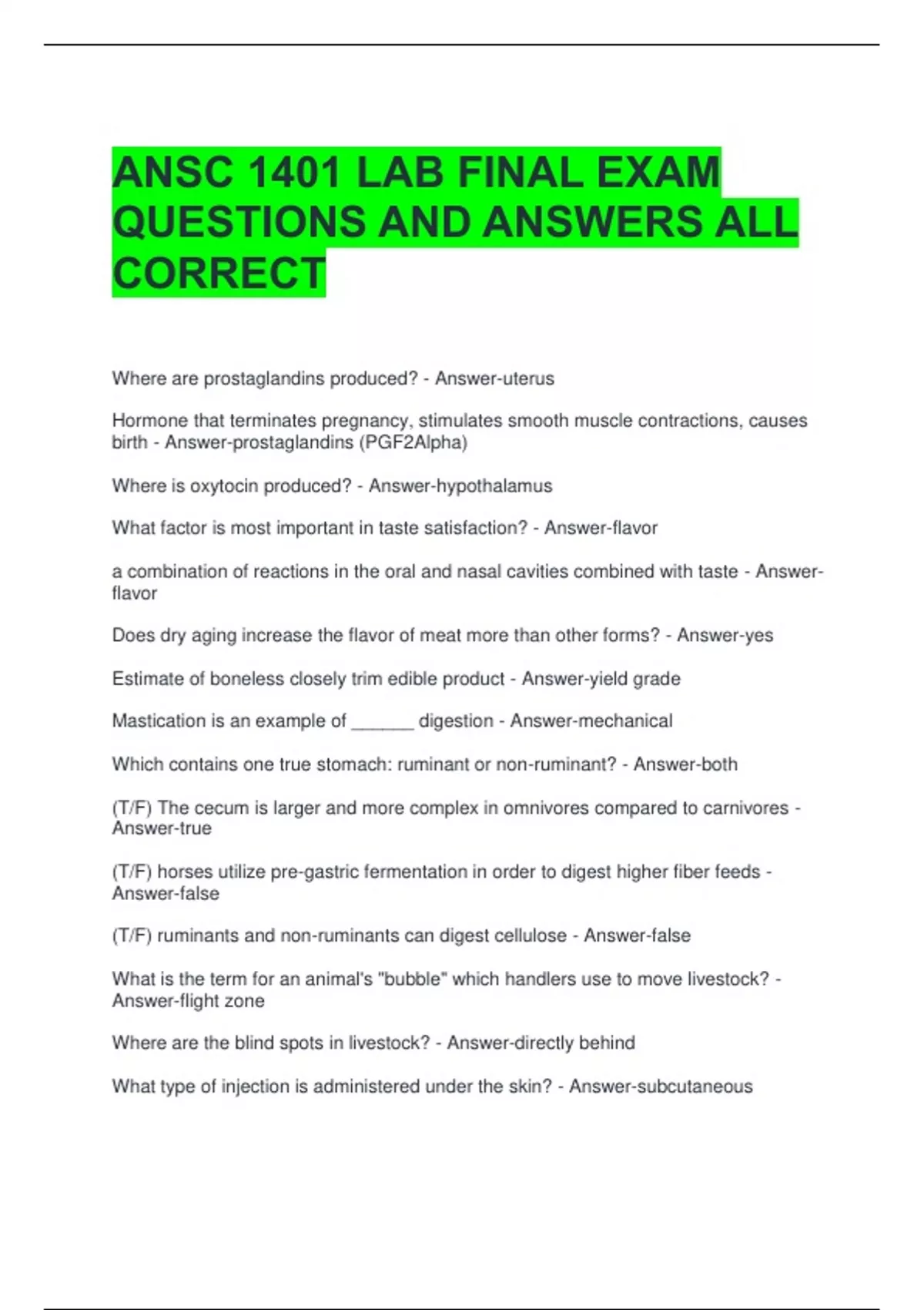ANSC 1401 LAB FINAL EXAM QUESTIONS AND ANSWERS ALL CORRECT - ANSC 1401 ...