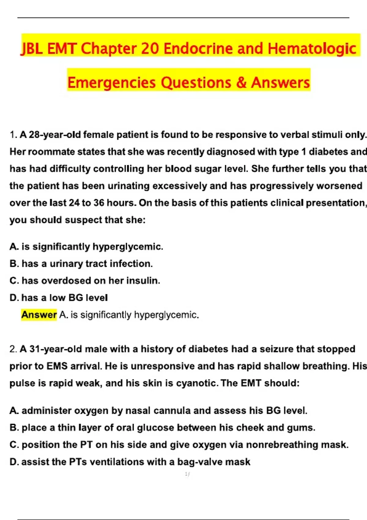 JB LEARNING EMT Chapter 20 Endocrine and Hematologic Emergencies Latest ...