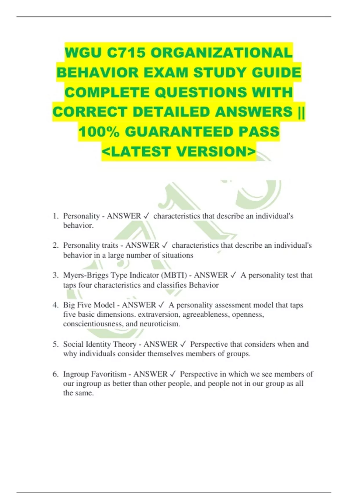 WGU C715 ORGANIZATIONAL BEHAVIOR EXAM STUDY GUIDE COMPLETE QUESTIONS ...