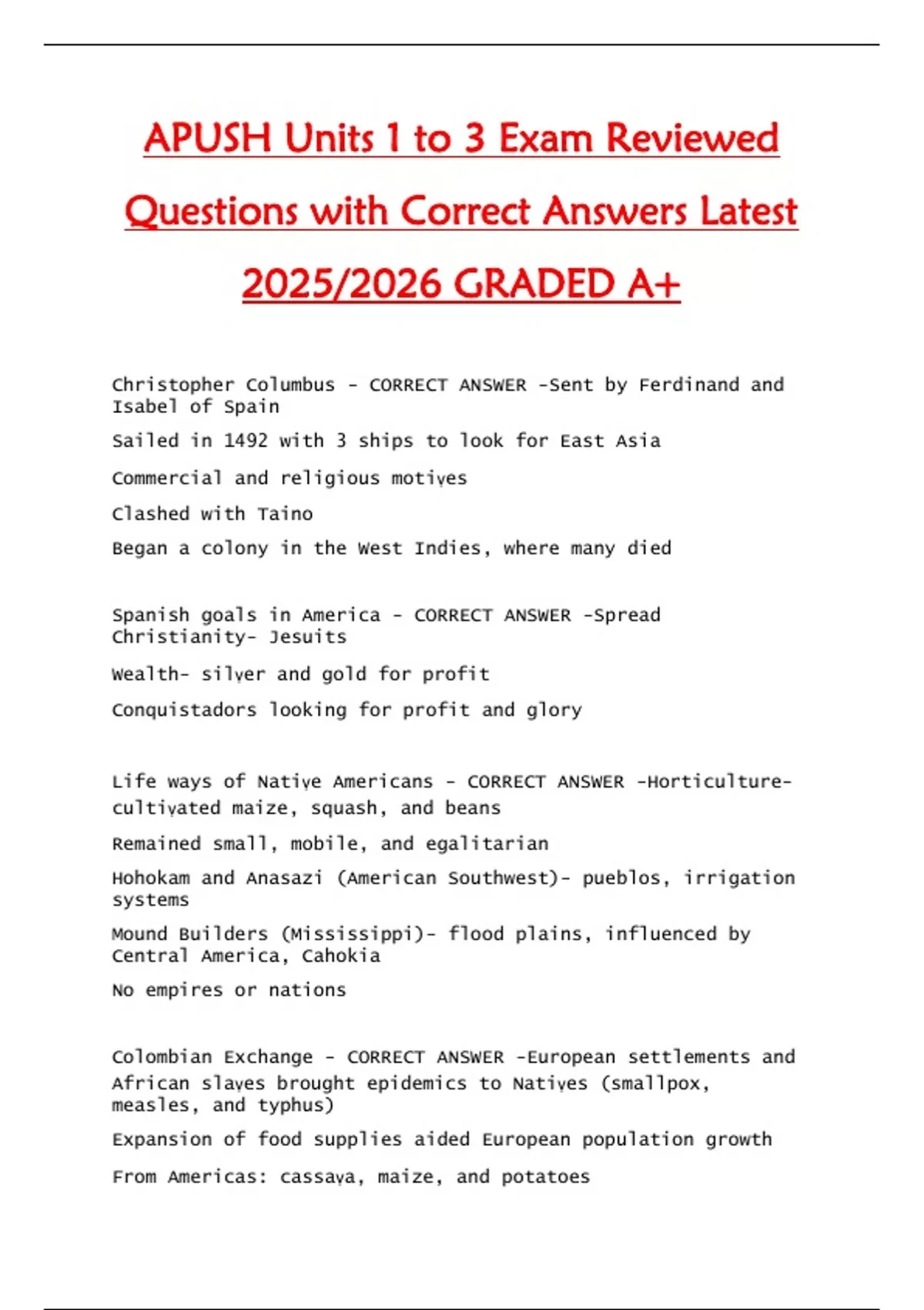 APUSH Units 1 to 3 Exam Reviewed Questions with Correct Answers Latest ...