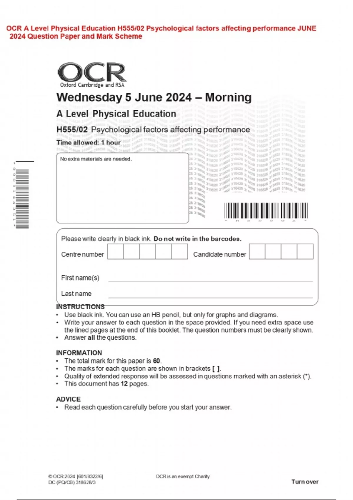 OCR A Level Physical Education H555/02 Psychological factors affecting ...