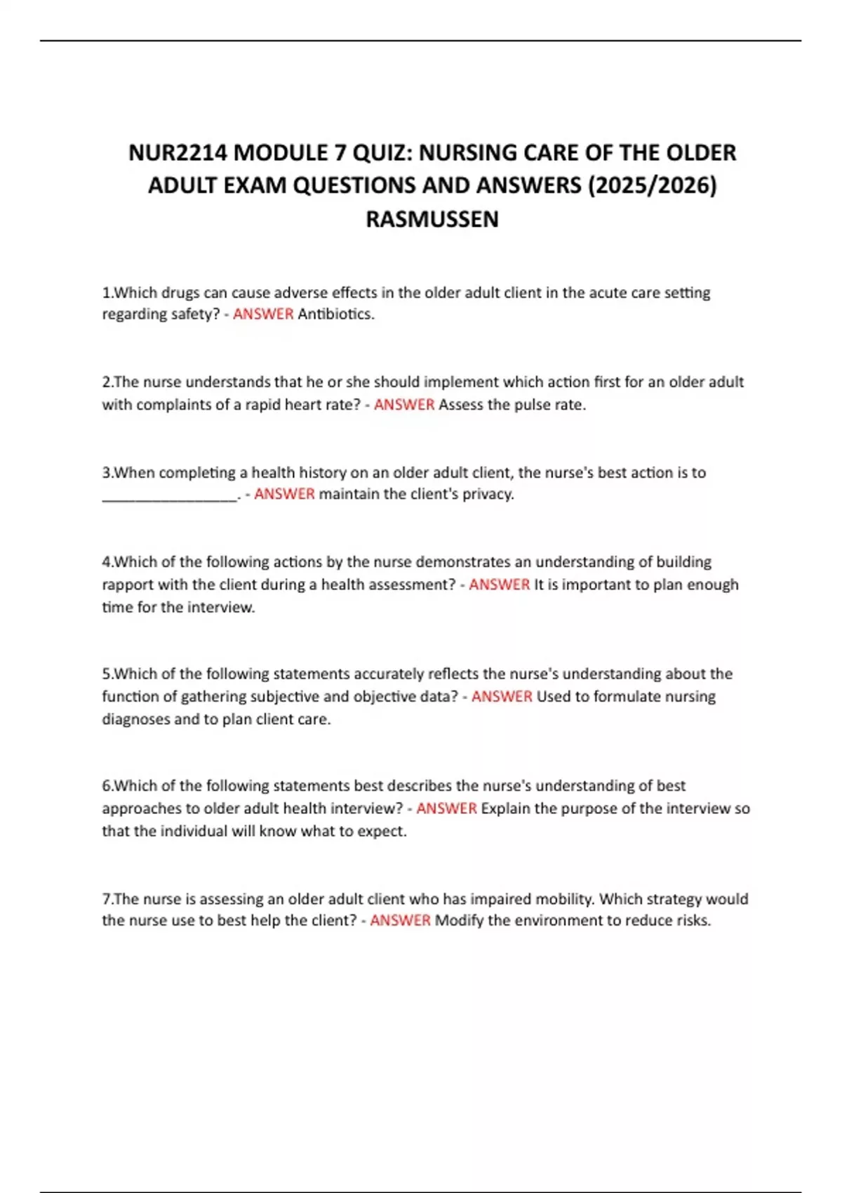 NUR2214 MODULE 7 QUIZ: NURSING CARE OF THE OLDER ADULT EXAM QUESTIONS ...