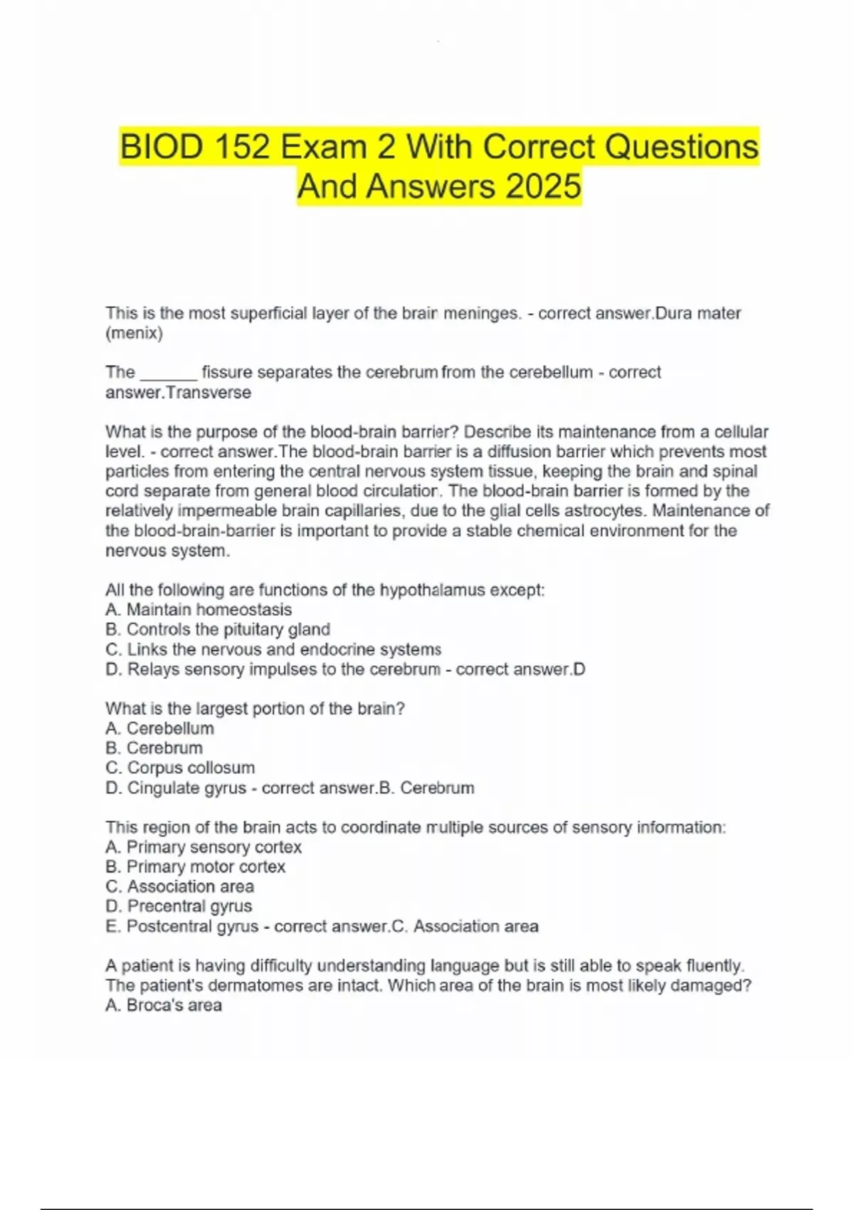 BIOD 152 Exam 2 With Correct Questions And Answers 2025 - BIOD 152 ...