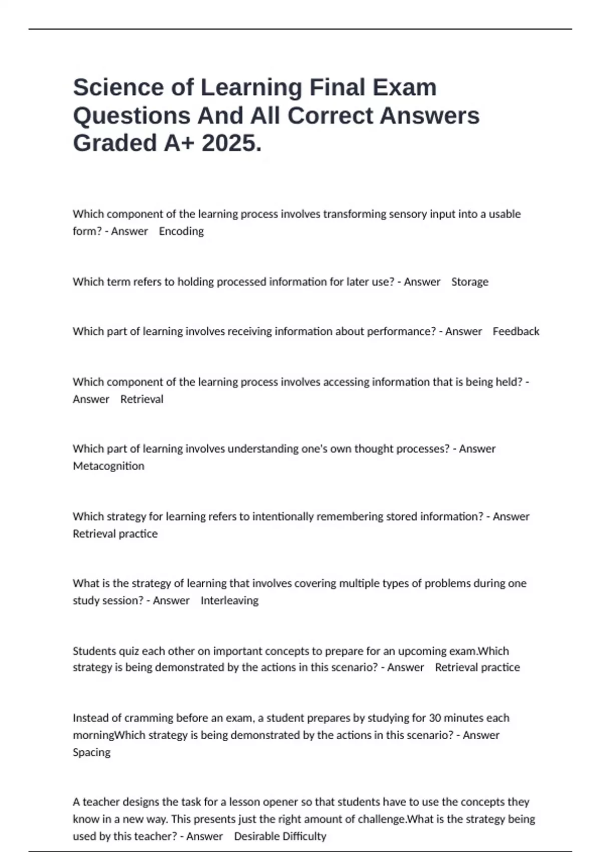 Science of Learning Final Exam Questions And All Correct Answers Graded A+ 2025. - D664 - Stuvia US