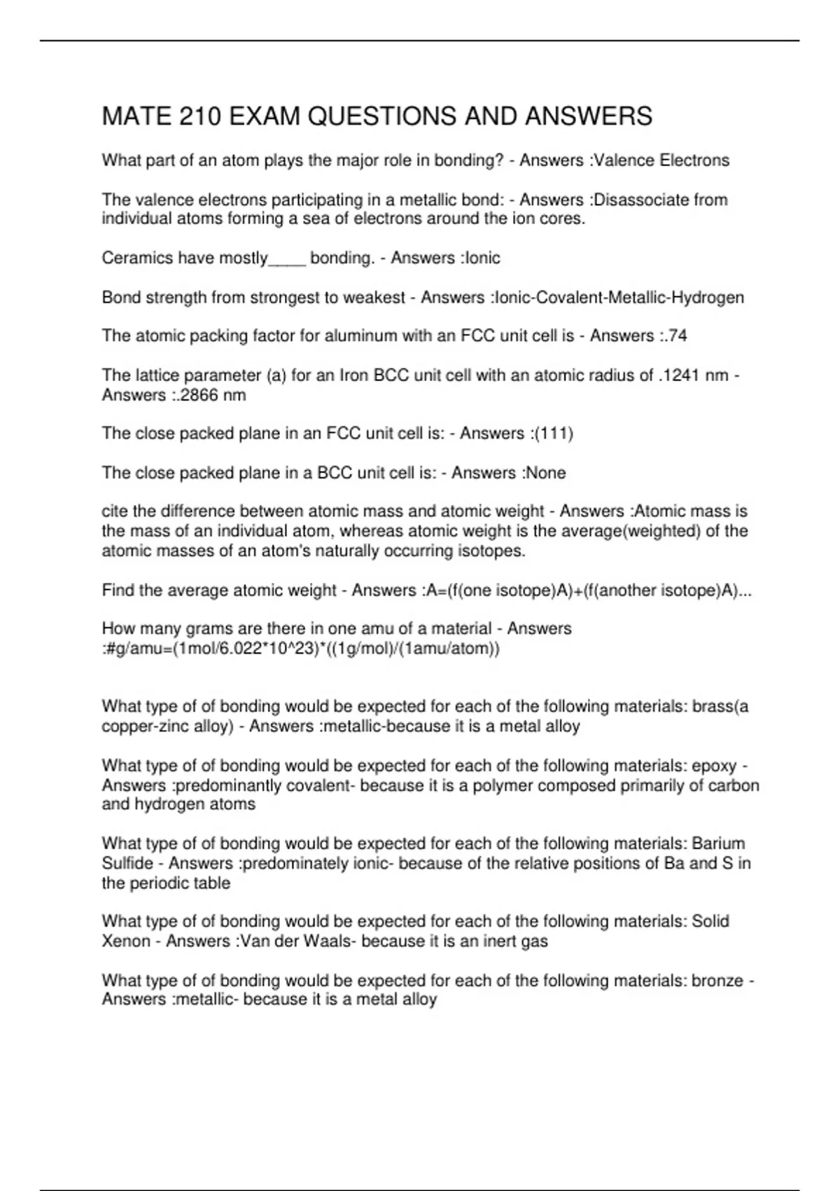 Mates Questions MATE 210 EXAM QUESTIONS AND ANSWERS - MATE 210 - Stuvia US
