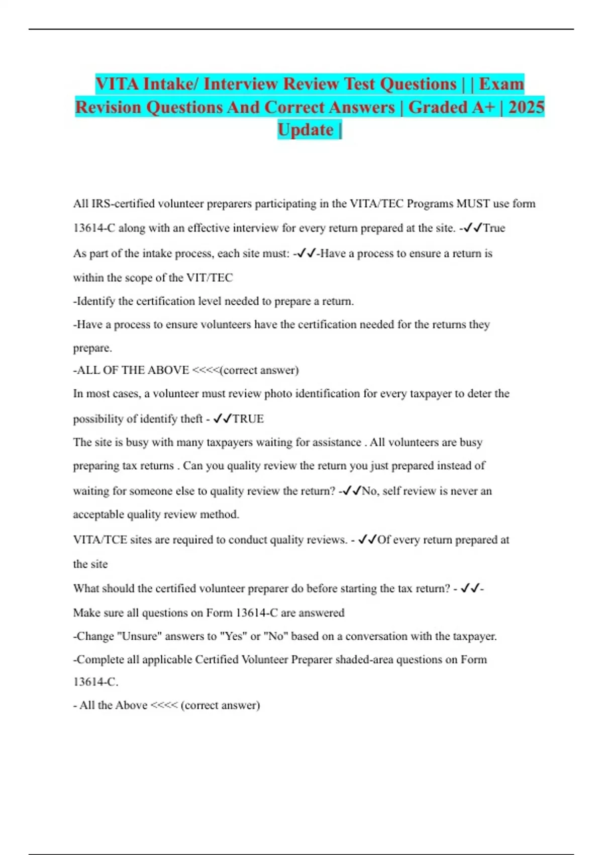 VITA Intake/ Interview Review Test Questions | | Exam Revision ...