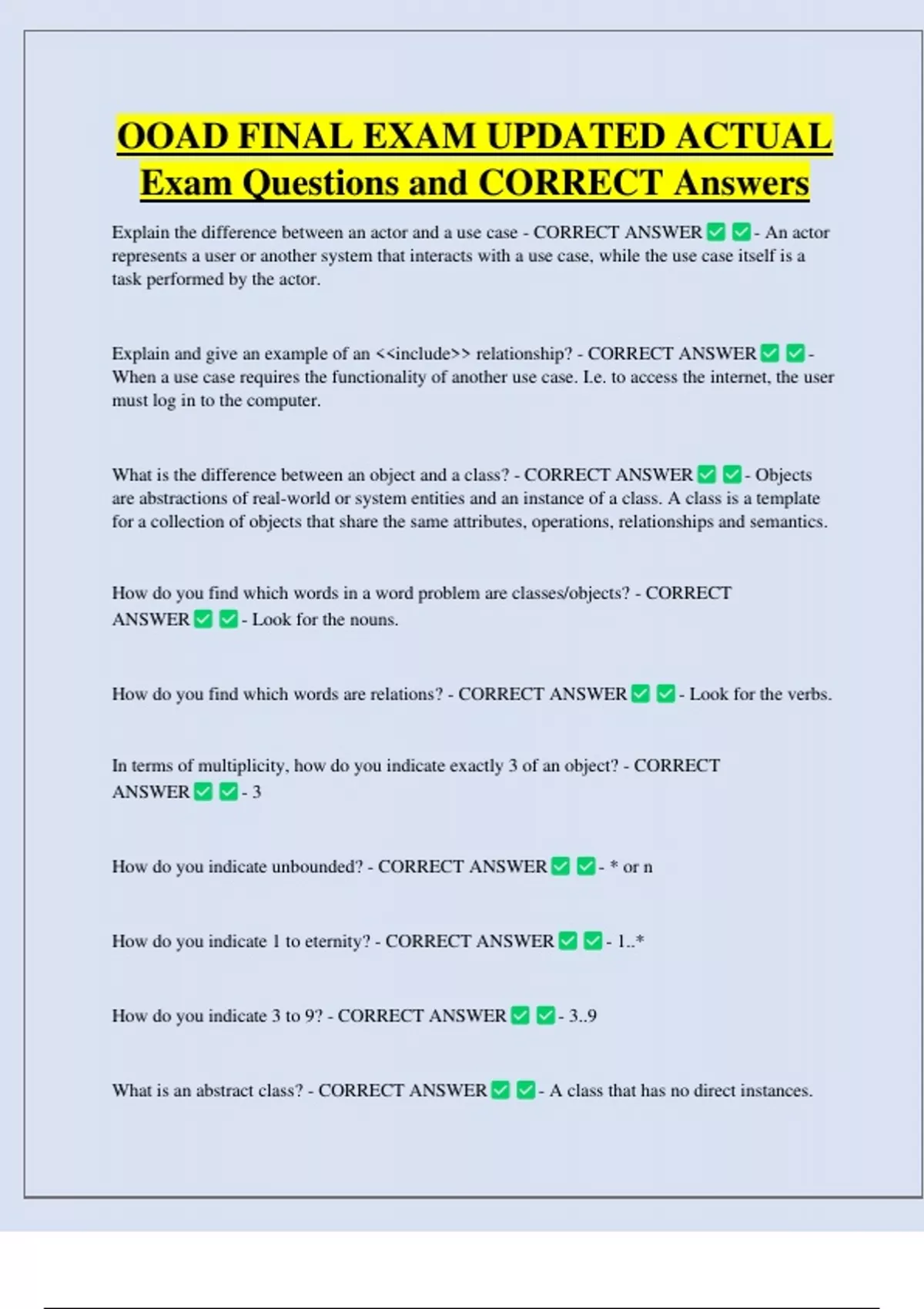 OOAD FINAL EXAM UPDATED ACTUAL Exam Questions and CORRECT Answers ...