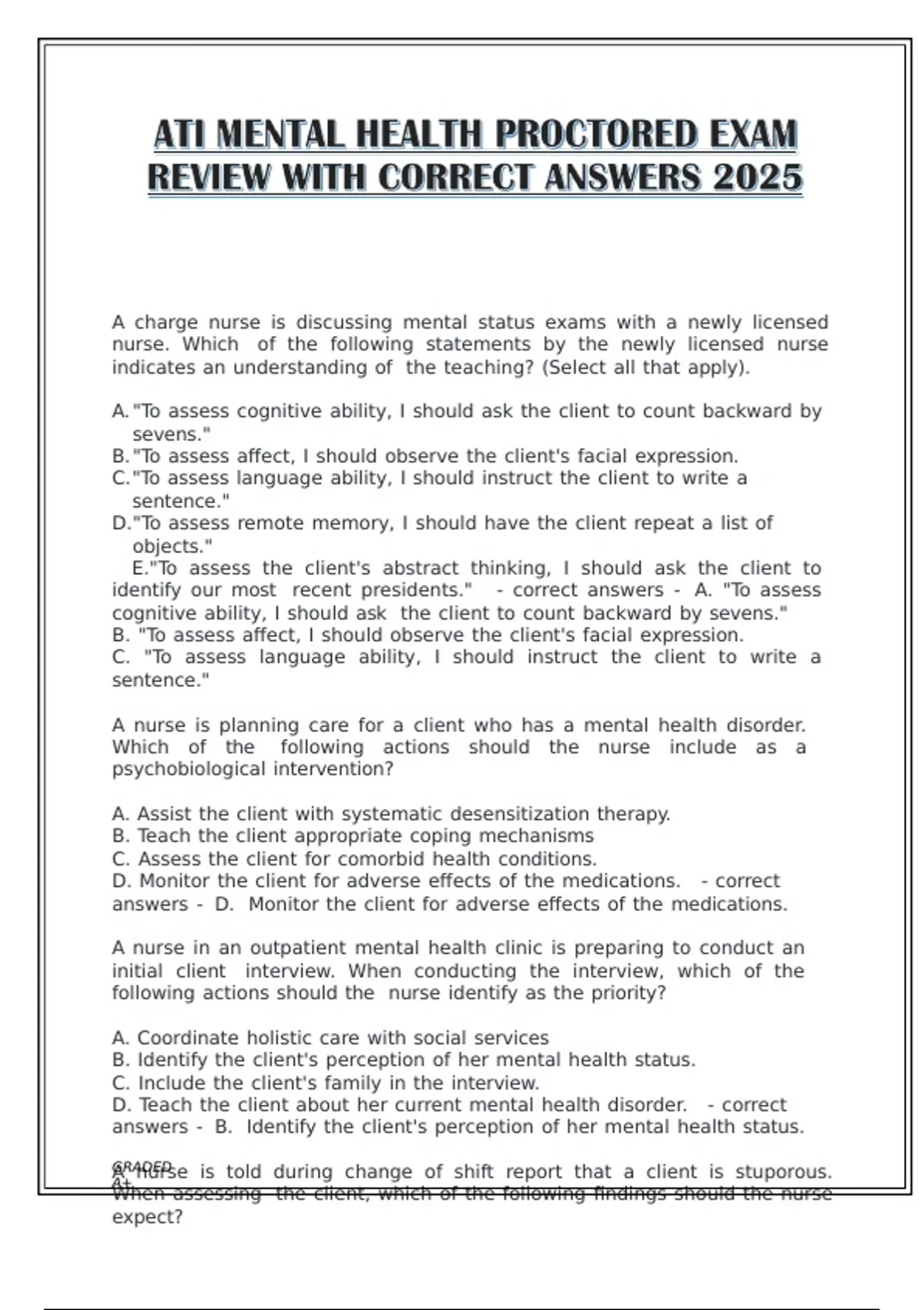 ATI MENTAL HEALTH PROCTORED EXAM REVIEW WITH CORRECT ANSWERS 2025 - ATI ...