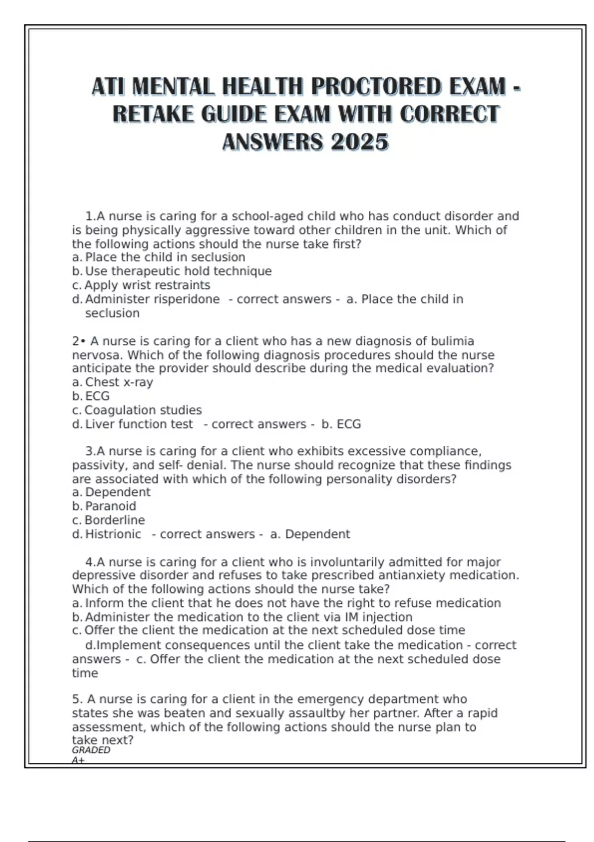 ATI MENTAL HEALTH PROCTORED EXAM -RETAKE GUIDE EXAM WITH CORRECT ...
