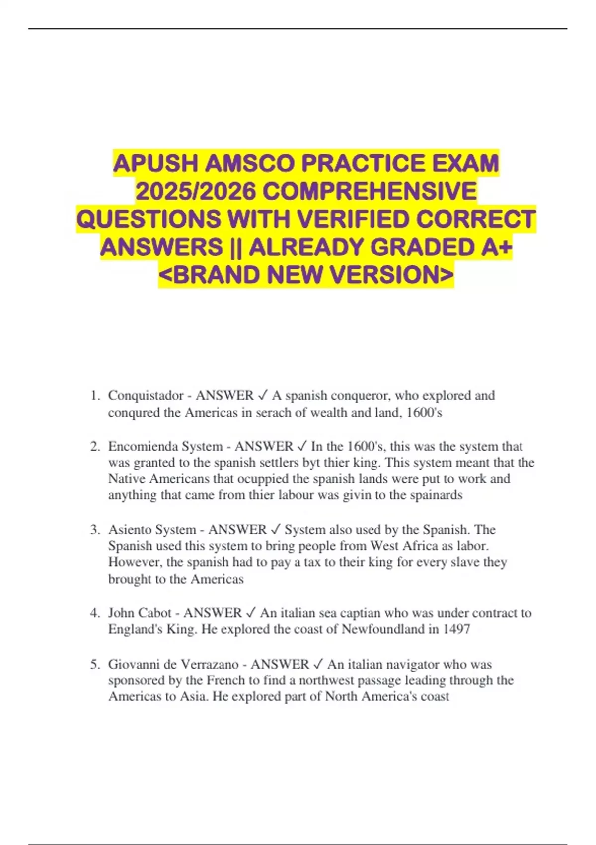 APUSH AMSCO PRACTICE EXAM 2025/2026 COMPREHENSIVE QUESTIONS WITH ...