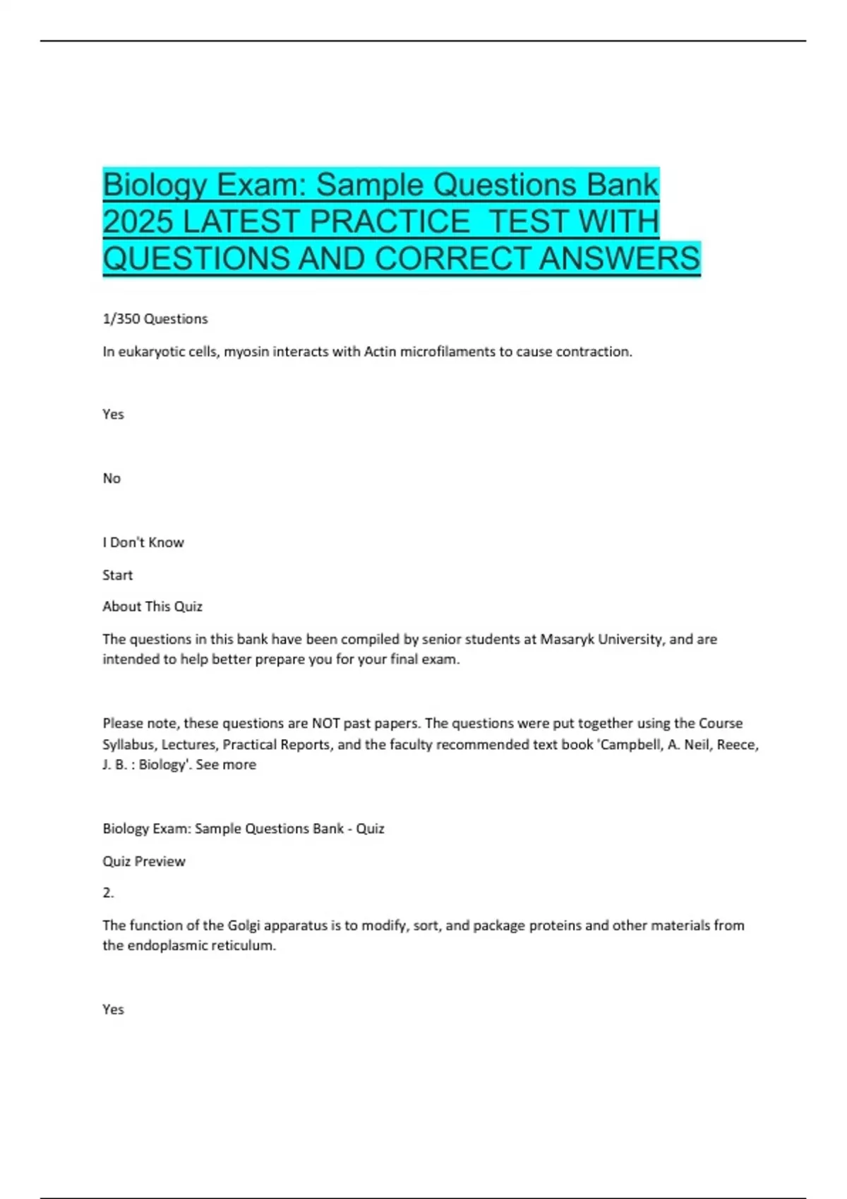 Biology Exam Masaryk University 2025 Practice Questions With