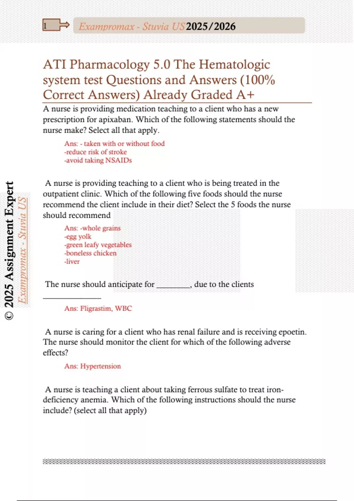 ATI Pharmacology 5.0 The Hematologic system test Questions and Answers ...