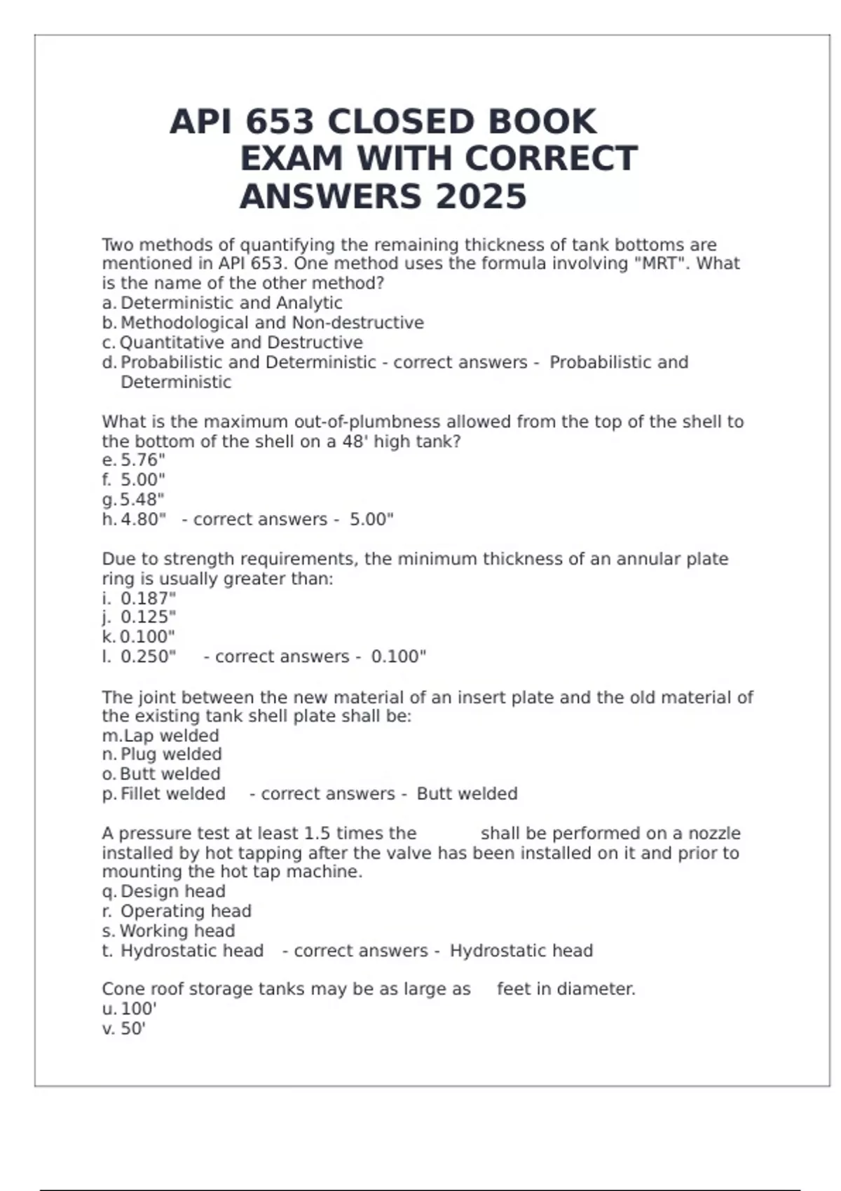 API 653 CLOSED BOOK EXAM WITH CORRECT ANSWERS 2025 - API 653 CLOSED ...