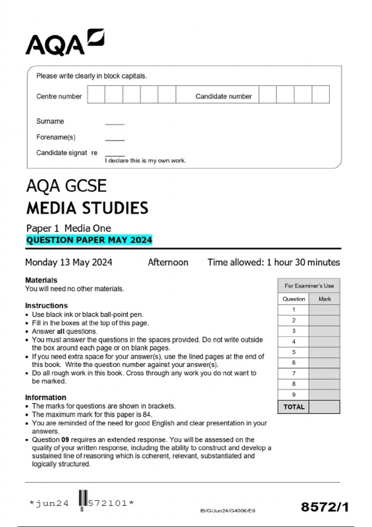 Media Gcse Questions AQA GCSE MEDIA STUDIES Paper 1 Media One QUESTION PAPER MAY 2024 - AQA ...