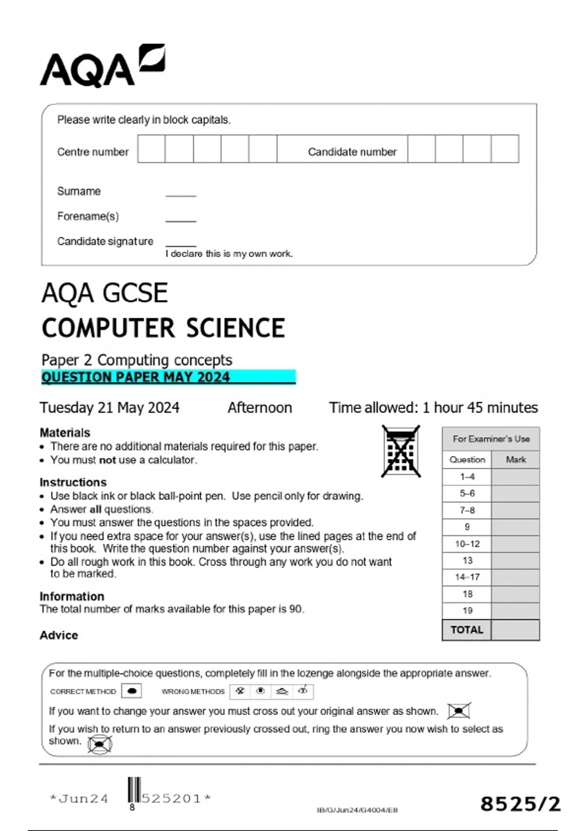 AQA GCSE COMPUTER SCIENCE Paper 2 Computing concepts QUESTION PAPER MAY ...