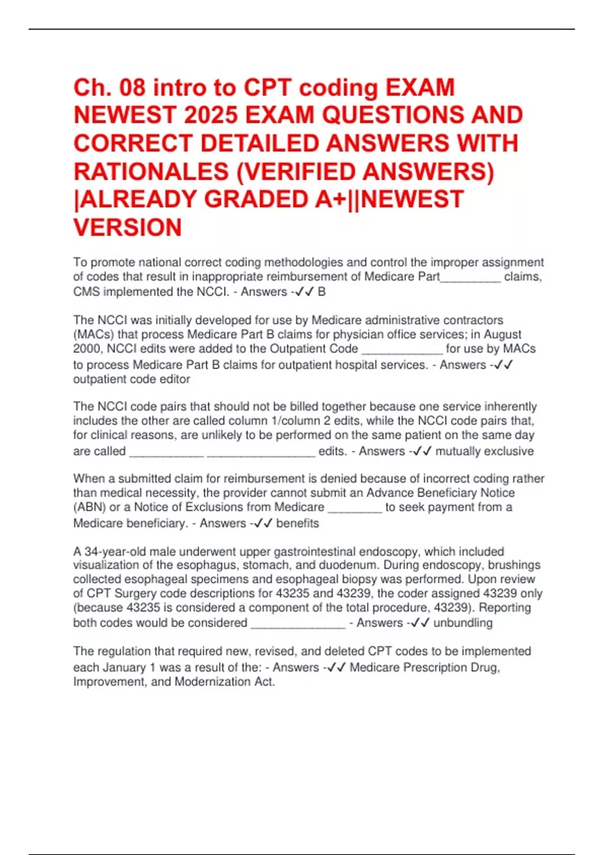 Ch. 08 intro to CPT coding EXAM NEWEST 2025 EXAM QUESTIONS AND CORRECT ...