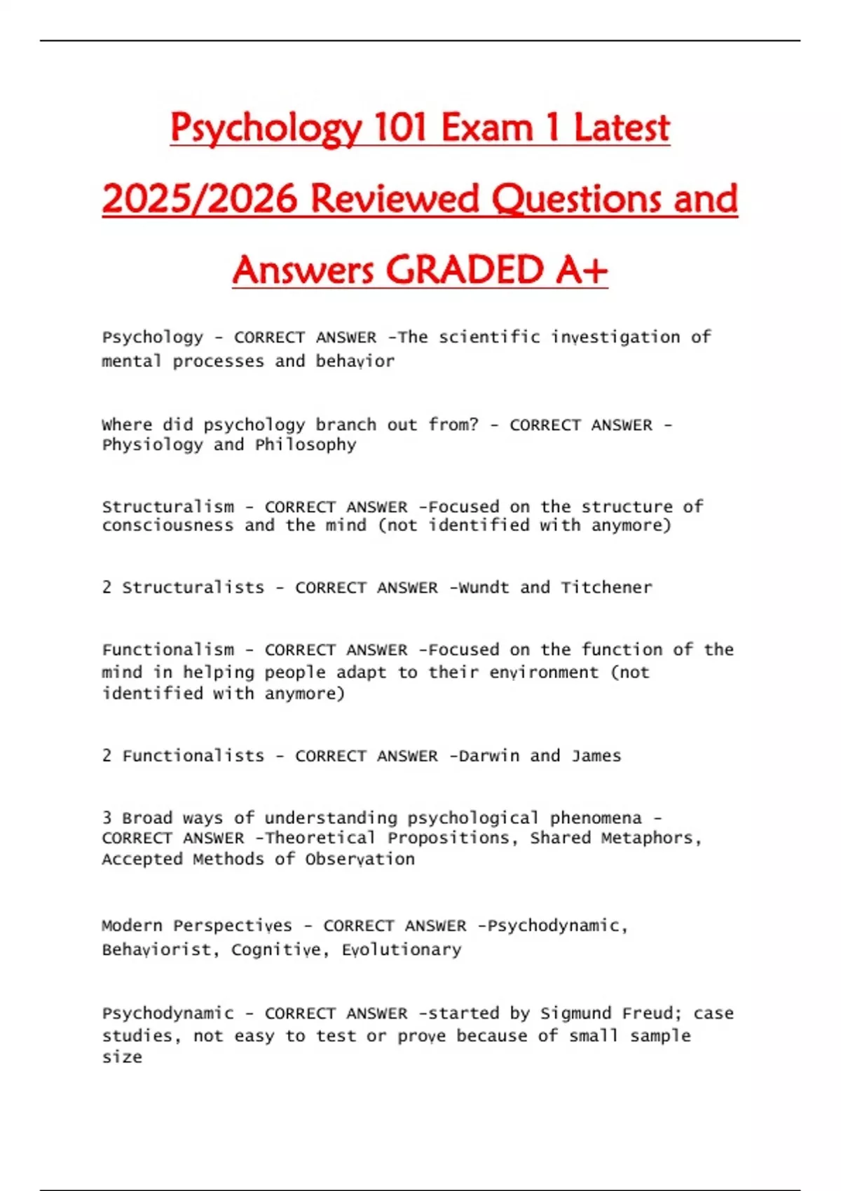 Psychology 101 – Exam 1 – Reviewed Questions and Correct Answers – 2025 ...