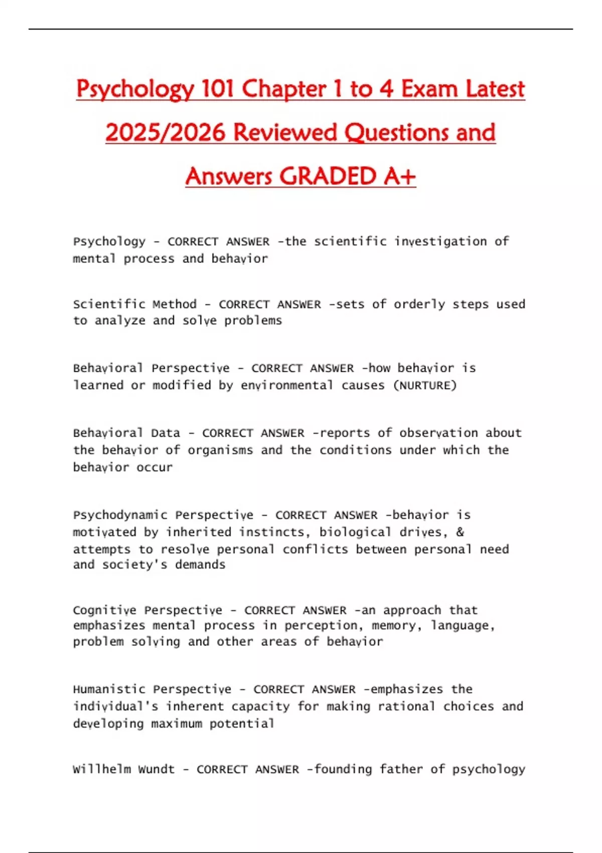 Psychology 101 – Chapters 1 to 4 Exam – Reviewed Questions and Correct ...