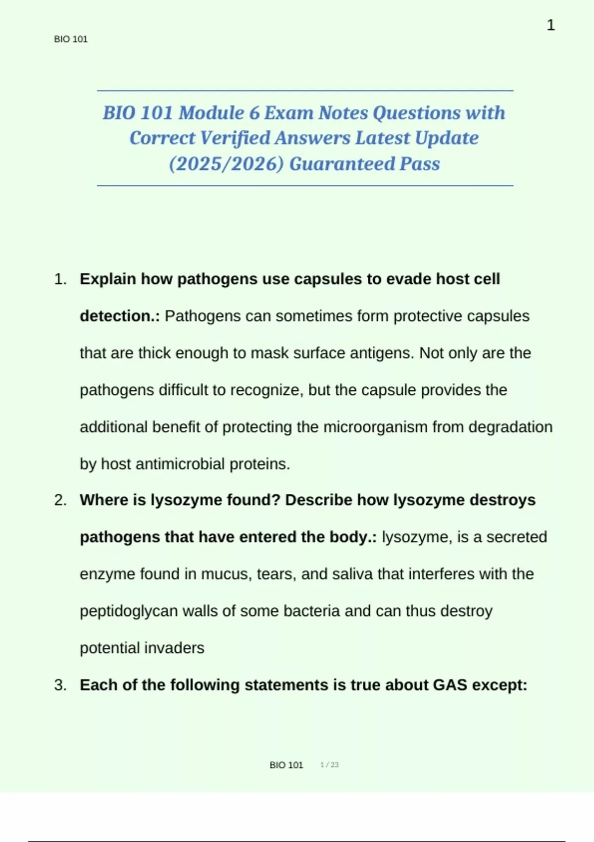 BIO 101 Module 6 Exam Notes Questions with Correct Verified Answers ...