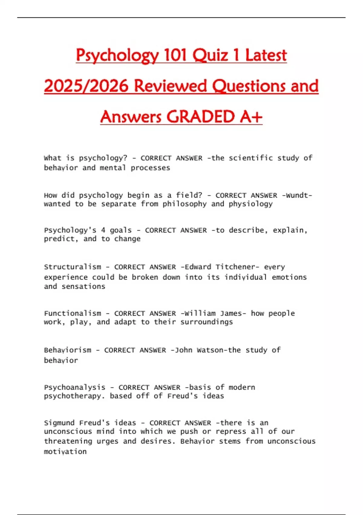 Psychology 101 Quiz 1 Latest 2025/2026 Reviewed Questions and Answers ...