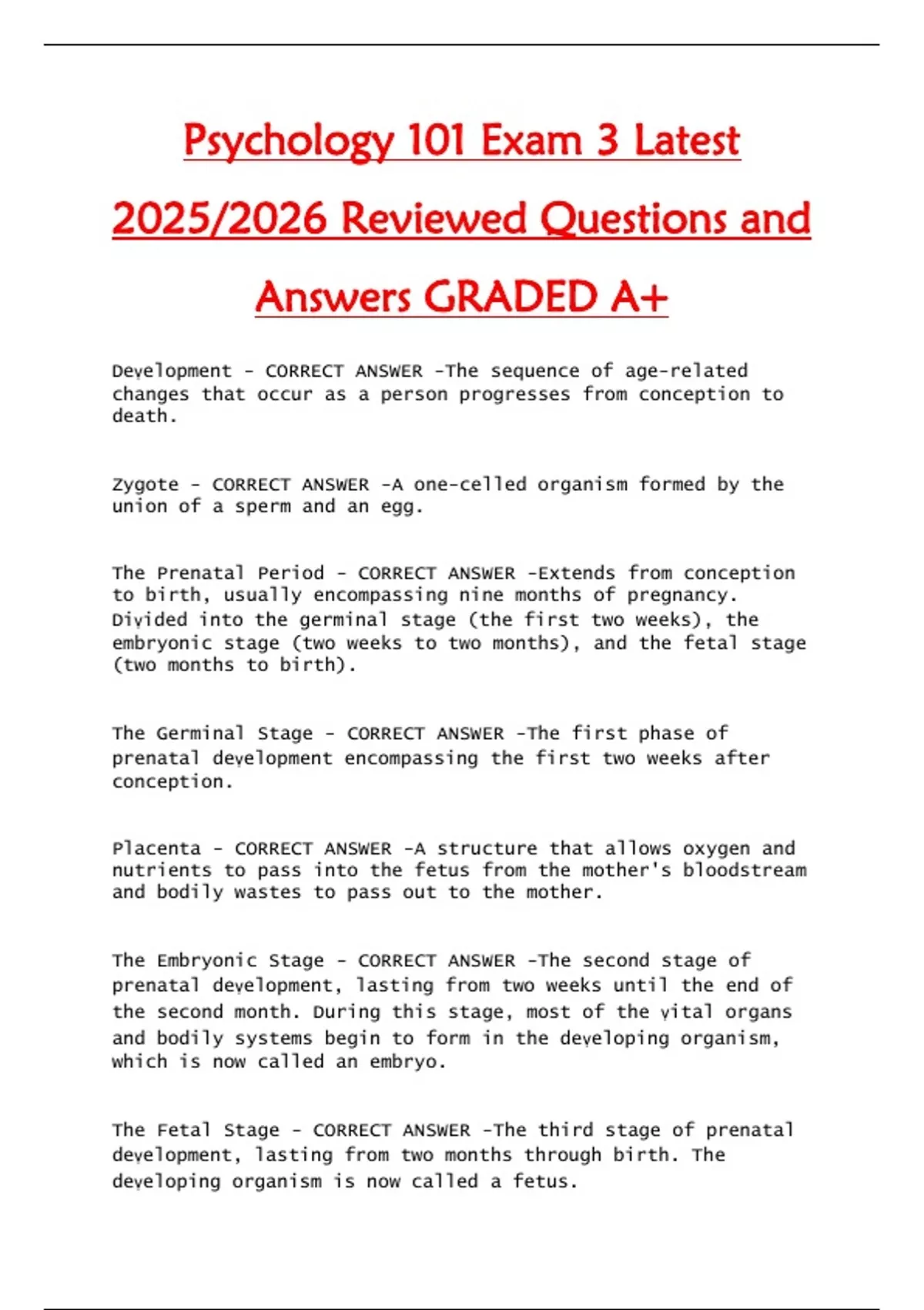 Psychology 101 Exam 3 Latest 2025/2026 Reviewed Questions and Answers ...