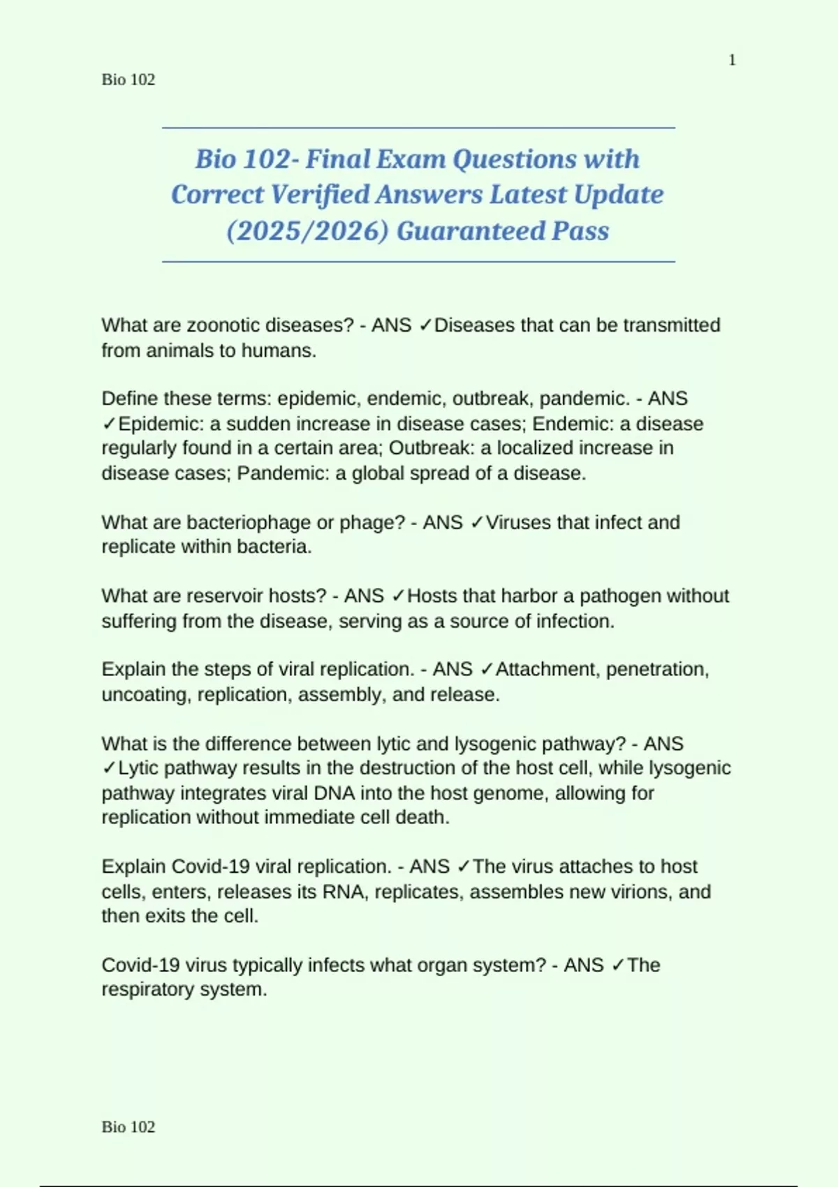 Bio 102- Final Exam Questions with Correct Verified Answers Latest ...