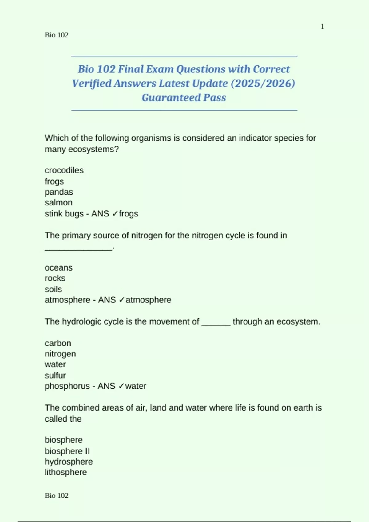 Bio 102 Final Exam Questions with Correct Verified Answers Latest ...
