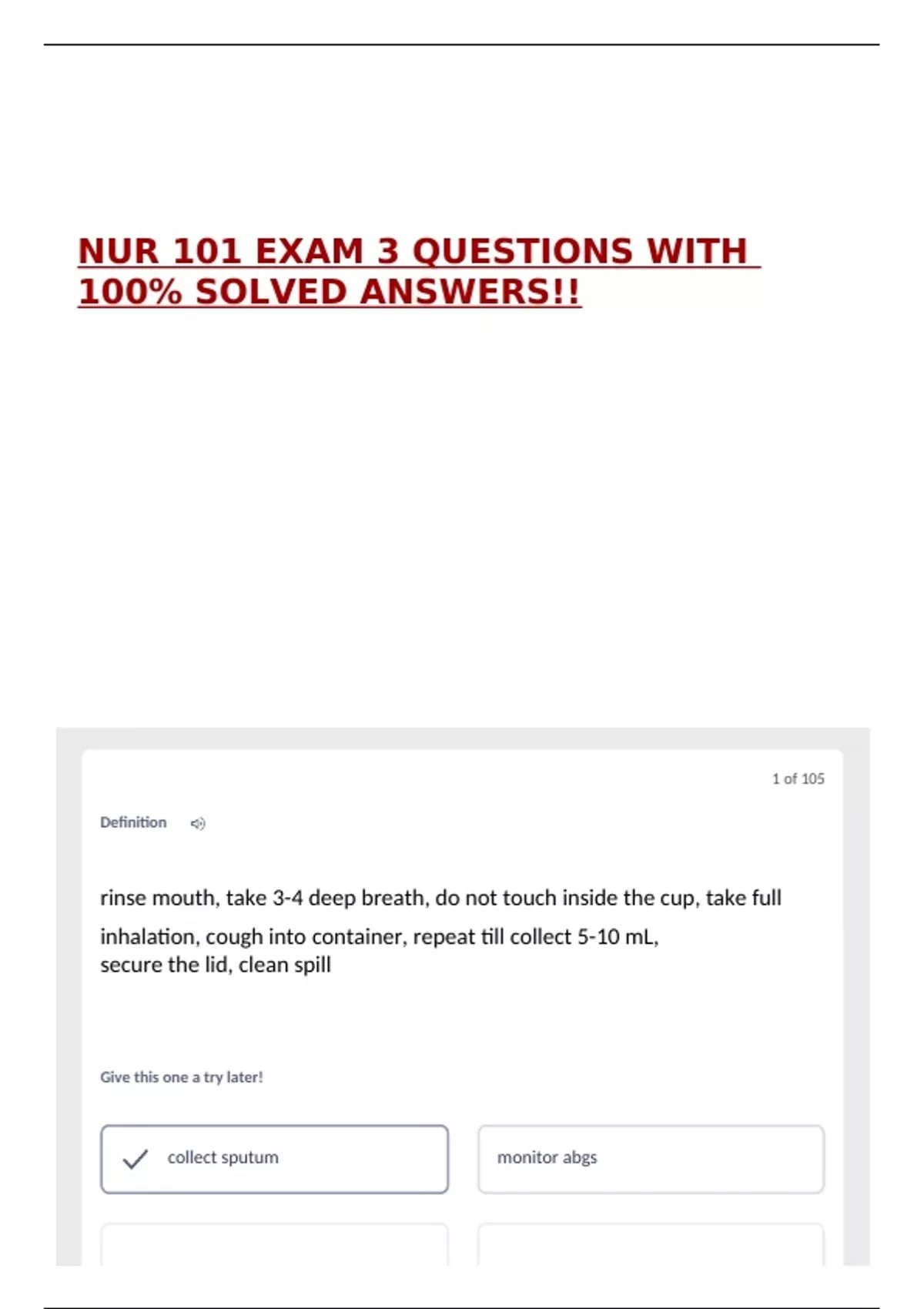 NUR 101 EXAM 3 QUESTIONS WITH 100% SOLVED ANSWERS!! - NUR 101 - Stuvia US