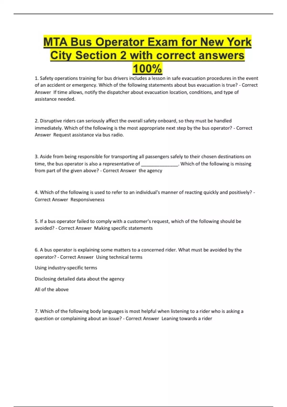 MTA Bus Operator Exam for New York City Section 2 with correct answers ...