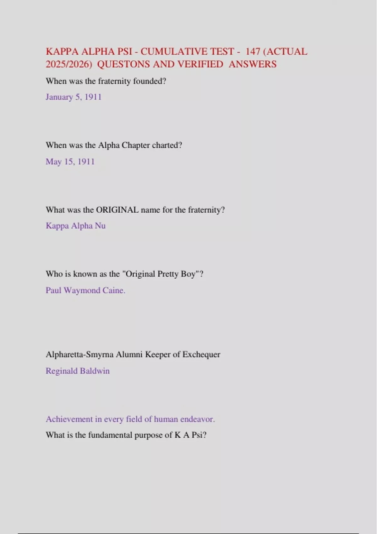 Kappa Alpha Psi – Cumulative Test 2025/2026 | 147 Actual Questions and ...