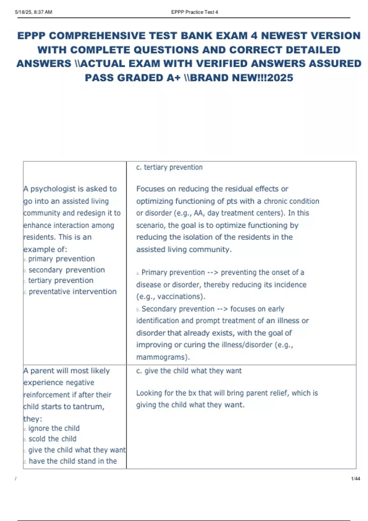 EPPP ACTUAL PRACTICE STUDY GUIDE EXAM LATEST VERSION WITH COMPLETE 150 ...