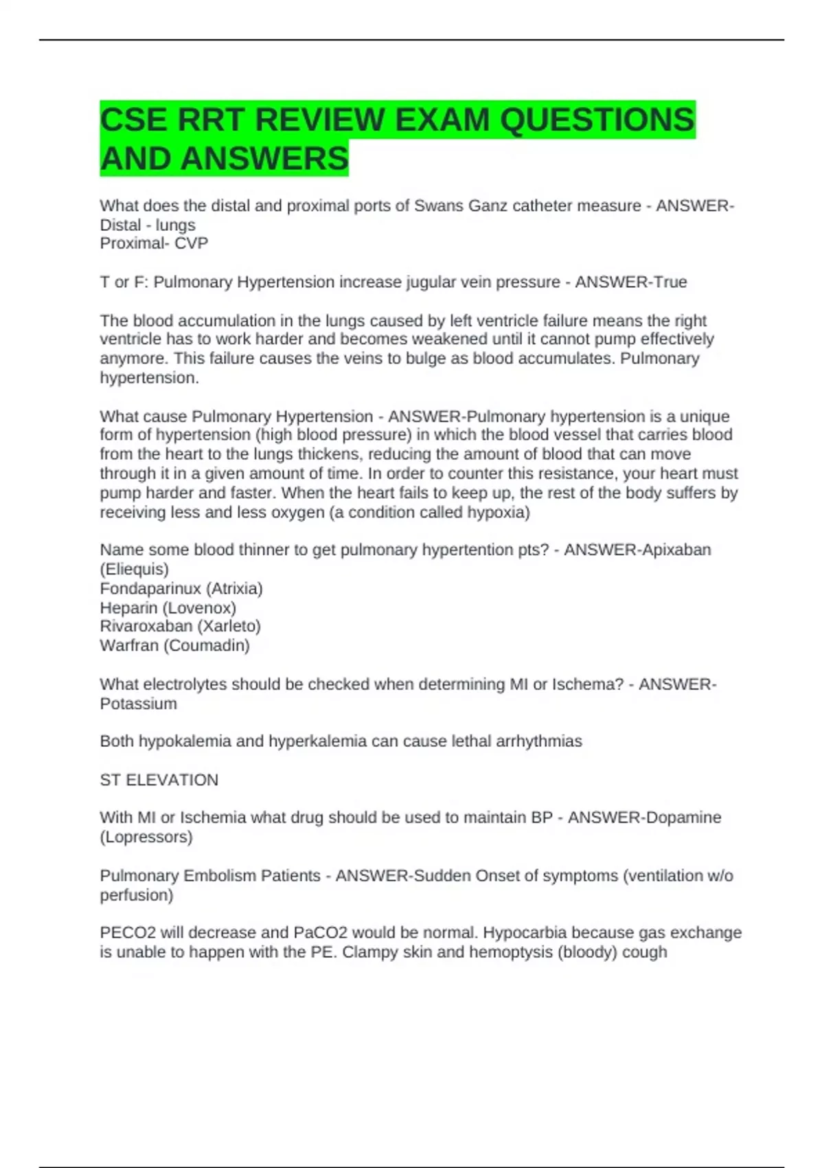 Doe Rrt CSE RRT REVIEW EXAM QUESTIONS AND ANSWERS - RRT - Stuvia US