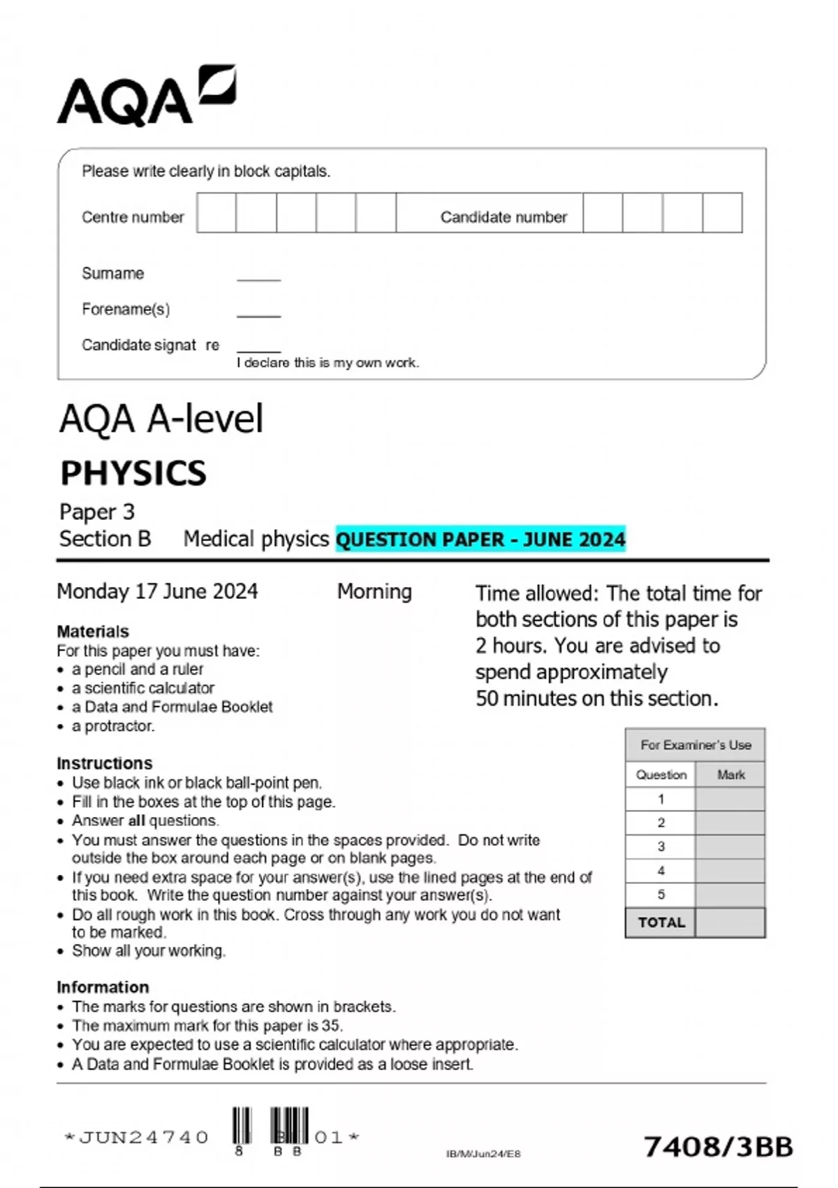 AQA A-level PHYSICS Paper 3 Section B Medical physics QUESTION PAPER ...
