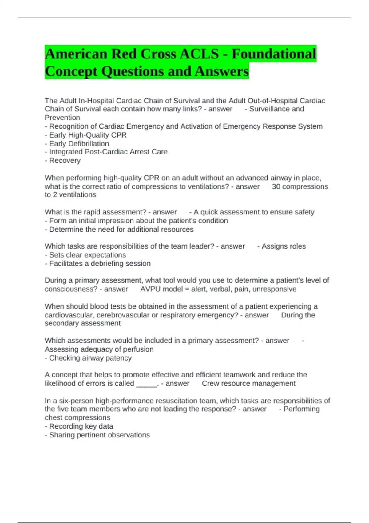 American Red Cross ACLS - Foundational Concept Questions and Answers ...
