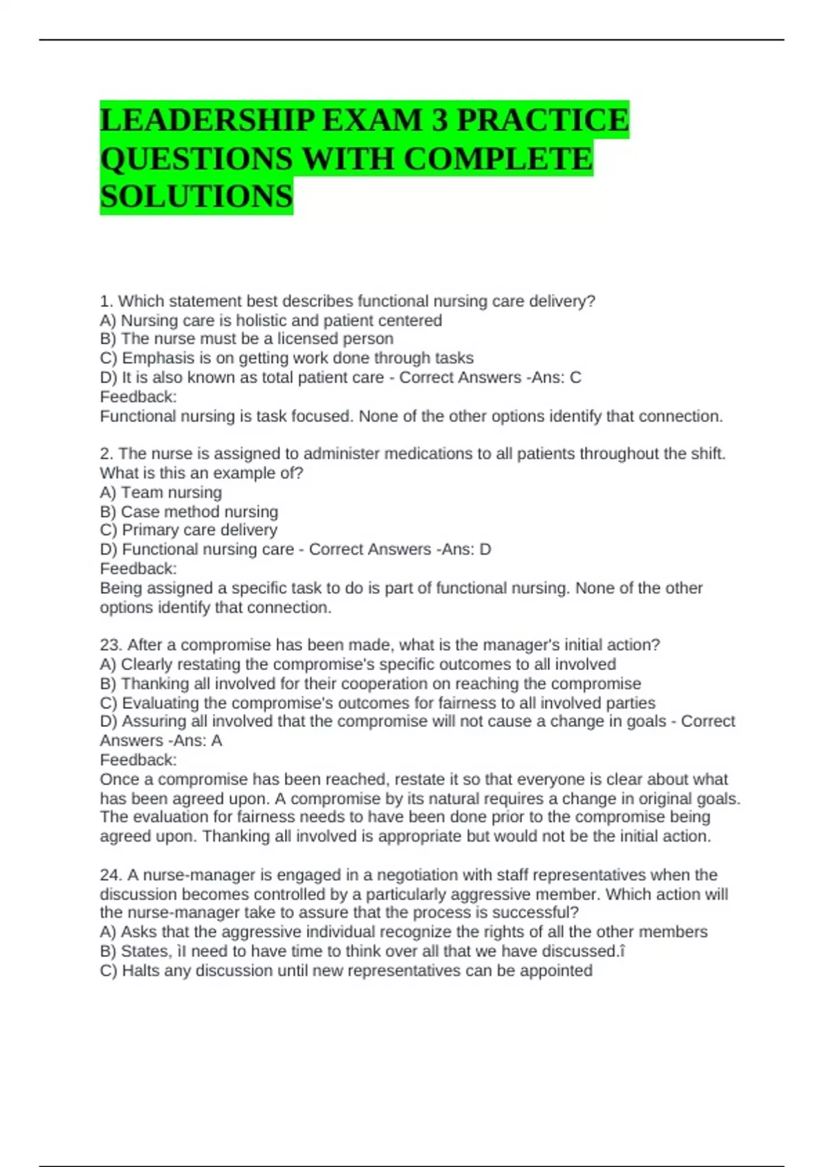 LEADERSHIP EXAM 3 PRACTICE QUESTIONS WITH COMPLETE SOLUTIONS - NURSING ...