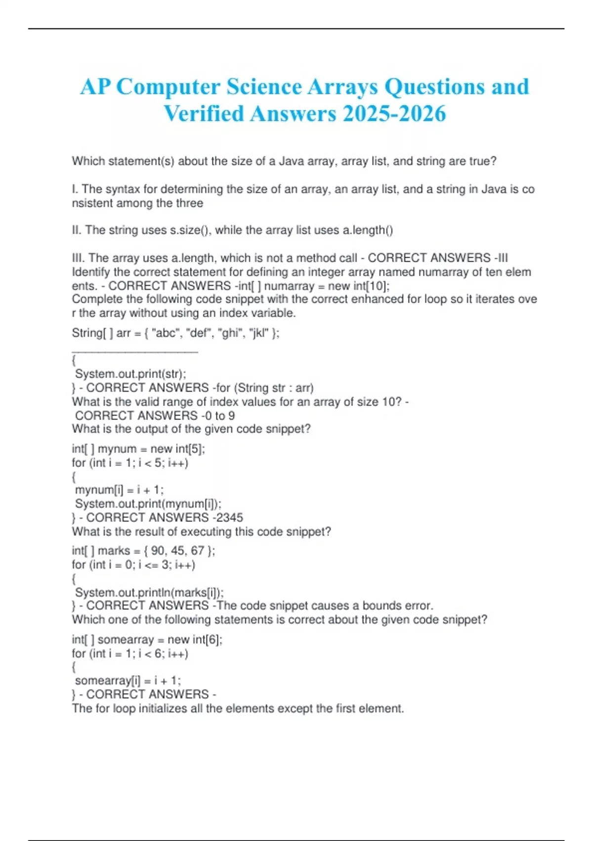 AP Computer Science Arrays Questions and Verified Answers - AP Computer ...