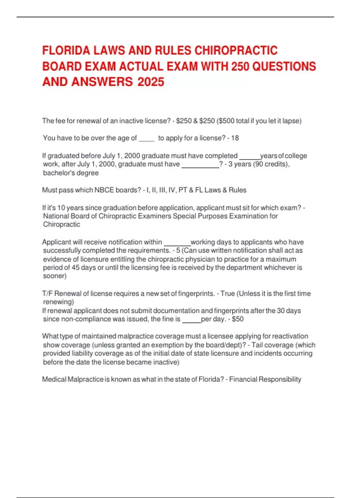 FLORIDA LAWS AND RULES CHIROPRACTIC BOARD EXAM ACTUAL EXAM WITH 250 ...