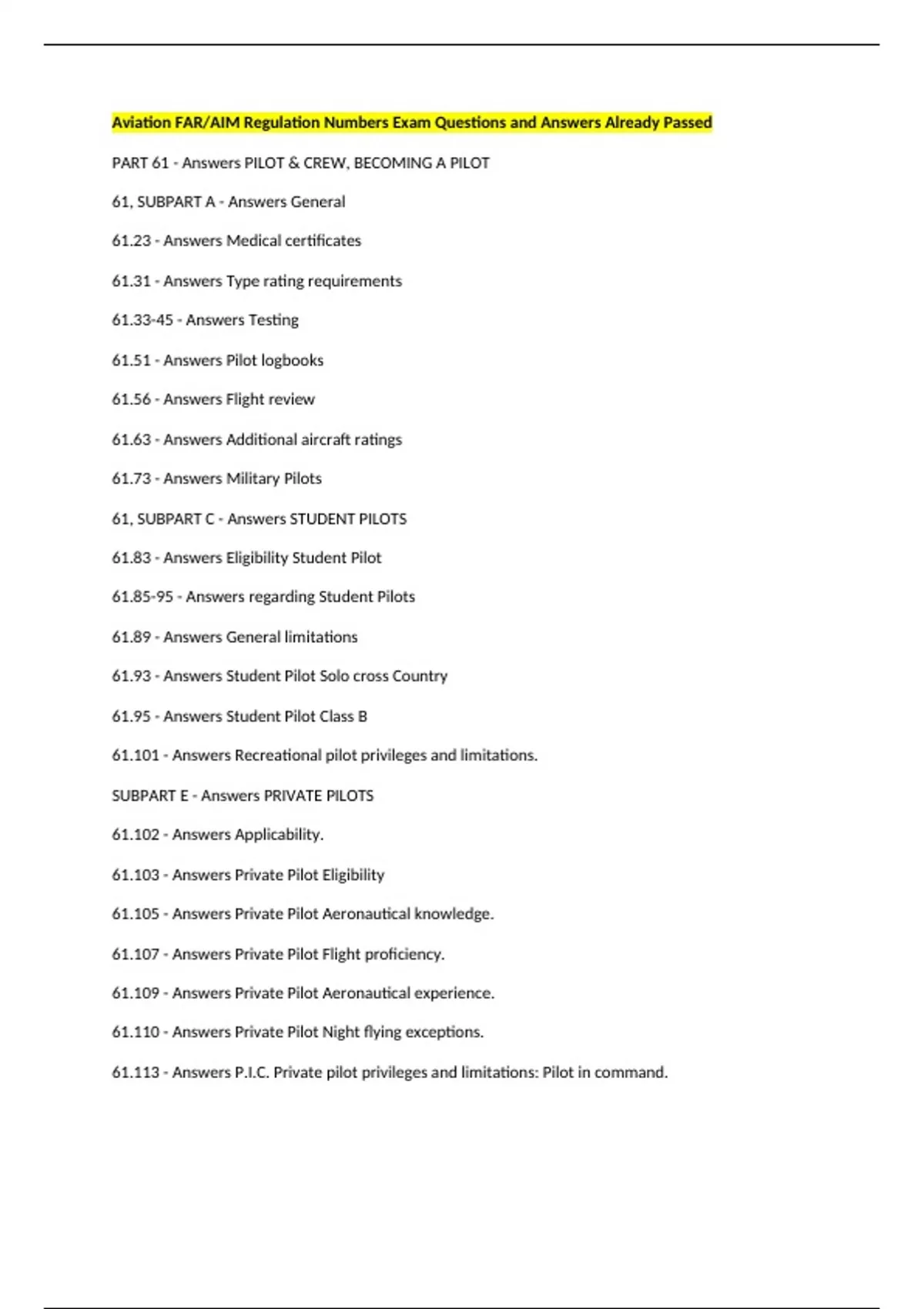 Aviation FAR/AIM Regulation Numbers Exam Questions and Answers Already ...