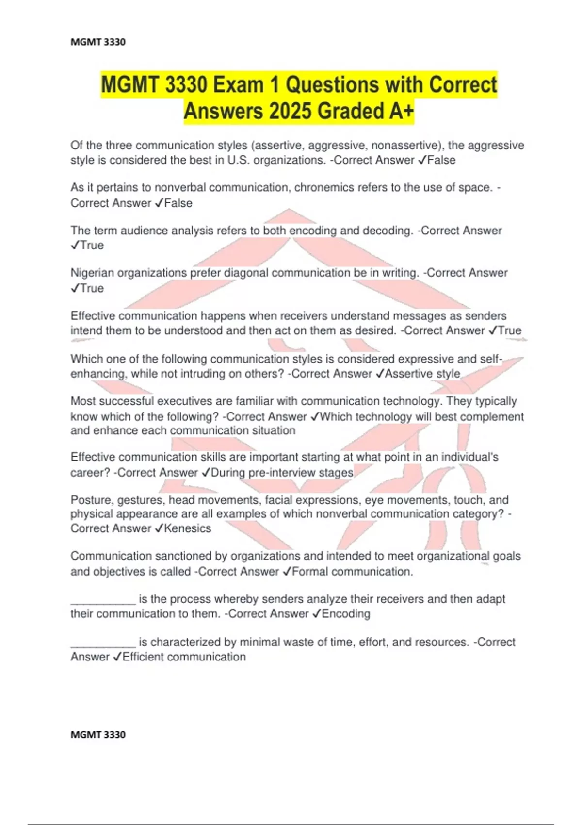 MGMT 3330 Exam 1 Questions with Correct Answers 2025 Graded A+ - MGMT ...