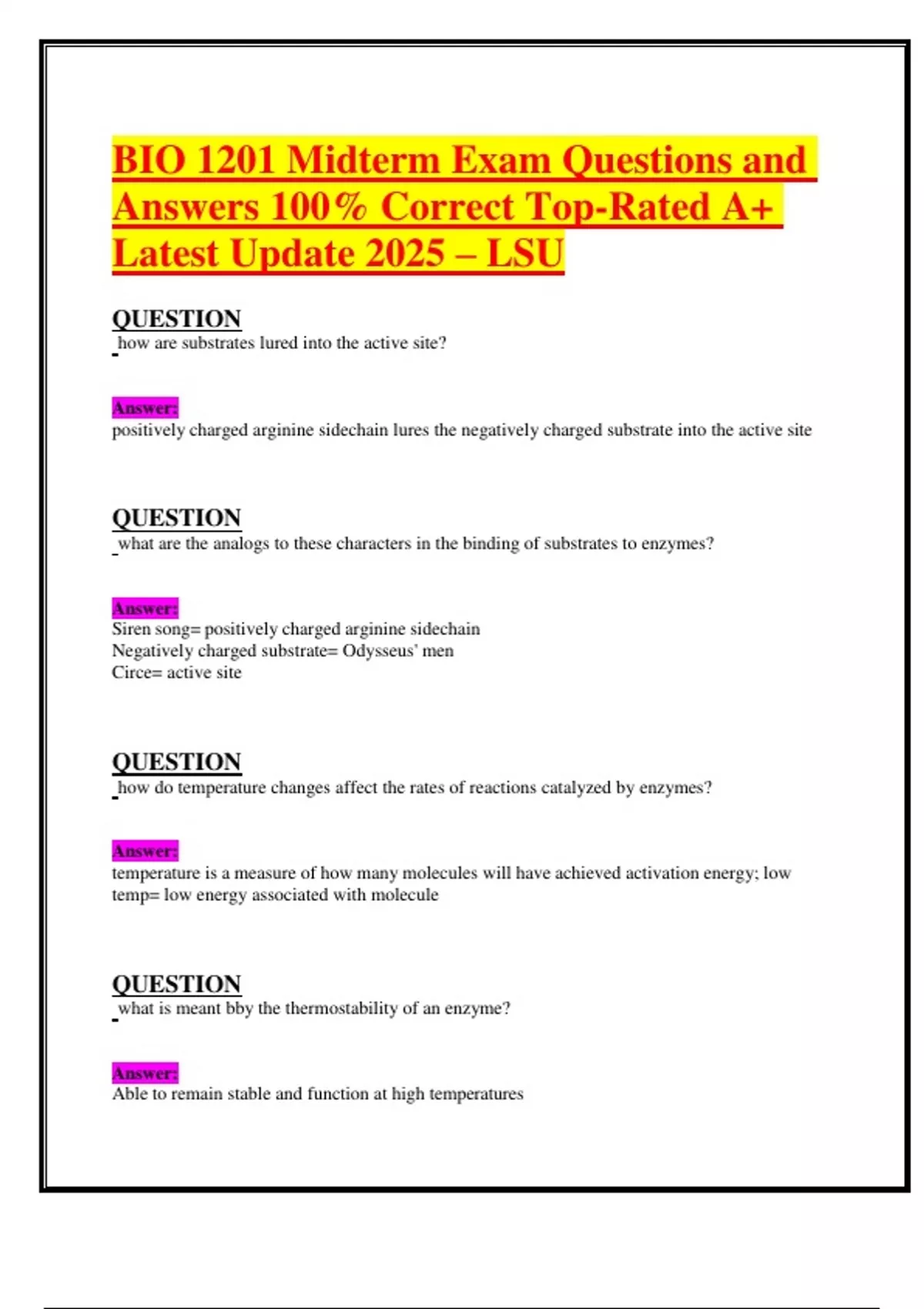 BIO 1201 Midterm Exam Questions and Answers 100- Correct Top-Rated A+ ...